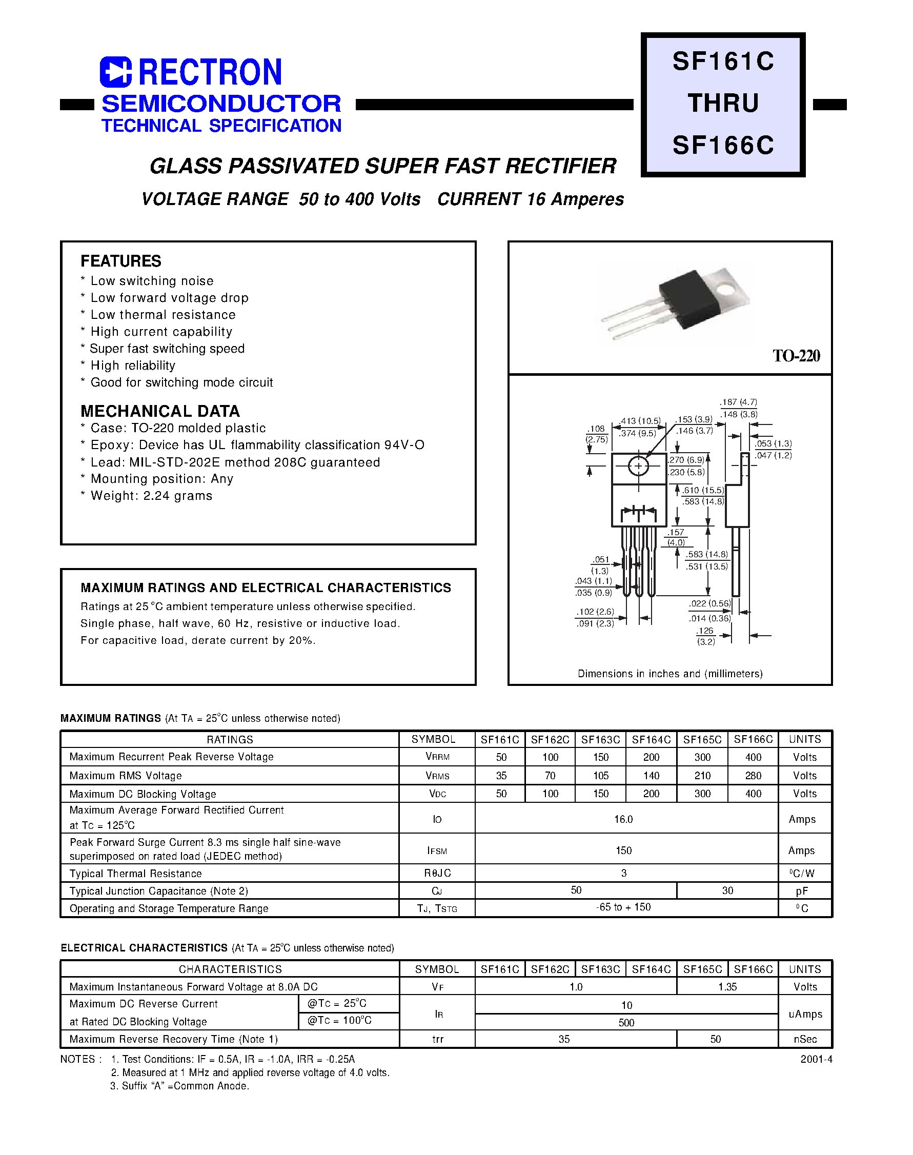 Datasheet SF166C page 1 Datasheet SF166C - GLASS PASSIVATED SUPER FAST RECTIFIER (VOLTAGE RANGE 50 to 400 Volts CURRENT 16 Amperes) page 1