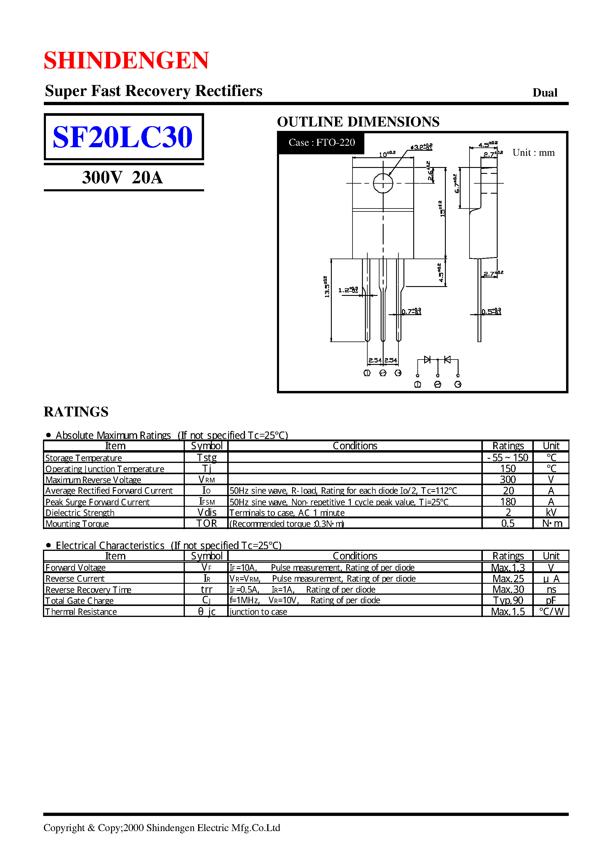 Datasheet SF20LC30 page 1 Datasheet SF20LC30 - Super Fast Recovery Rectifiers(300V 20A) page 1
