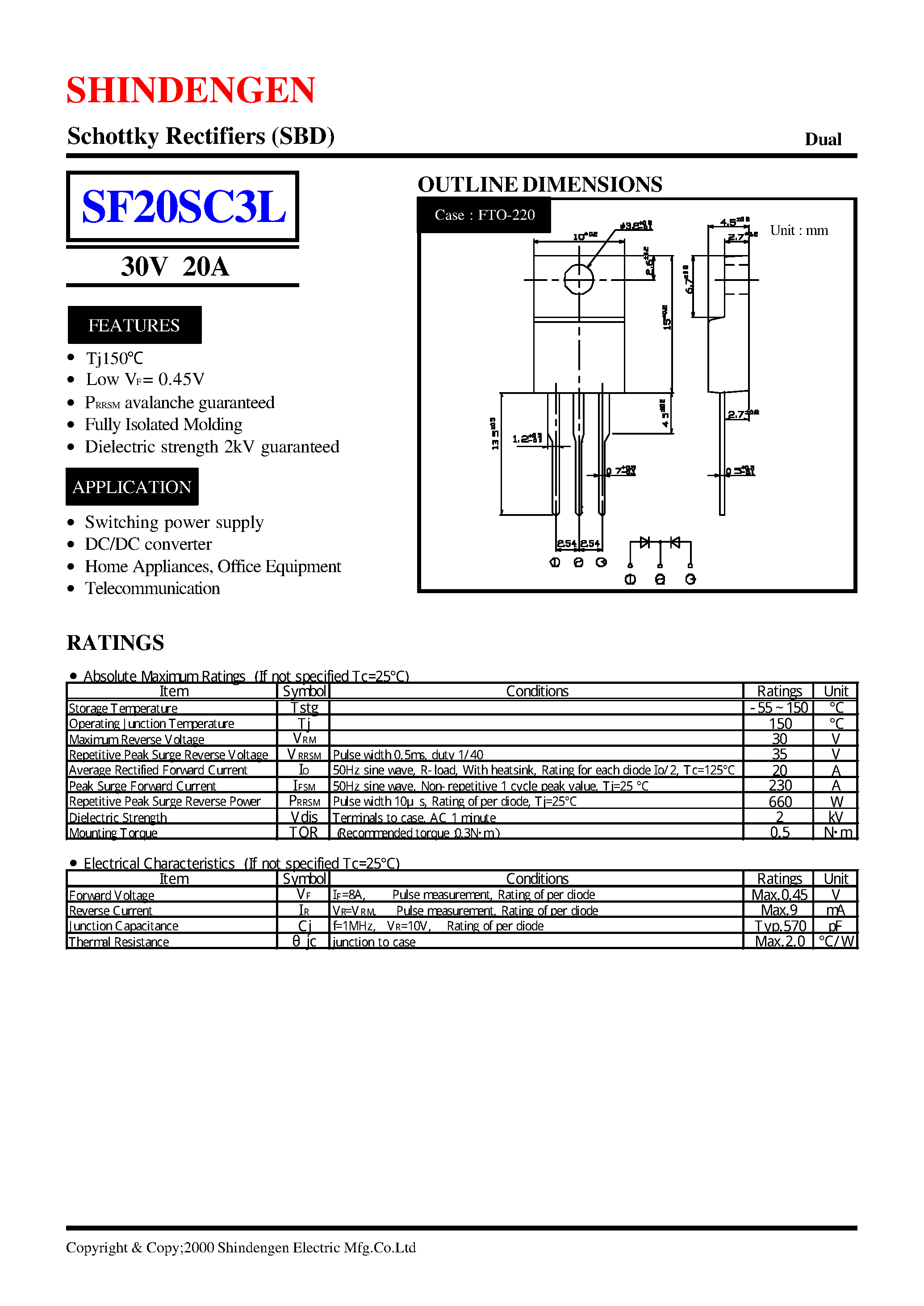 Datasheet SF20SC3L - Schottky Rectifiers (SBD) (30V 20A) page 1