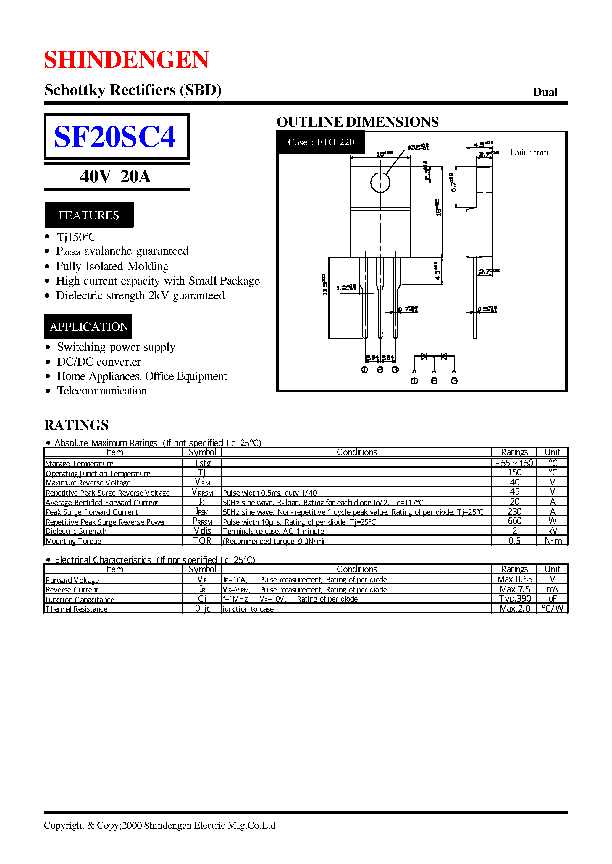 Datasheet SF20SC4 - Schottky Rectifiers (SBD) (40V 20A) page 1