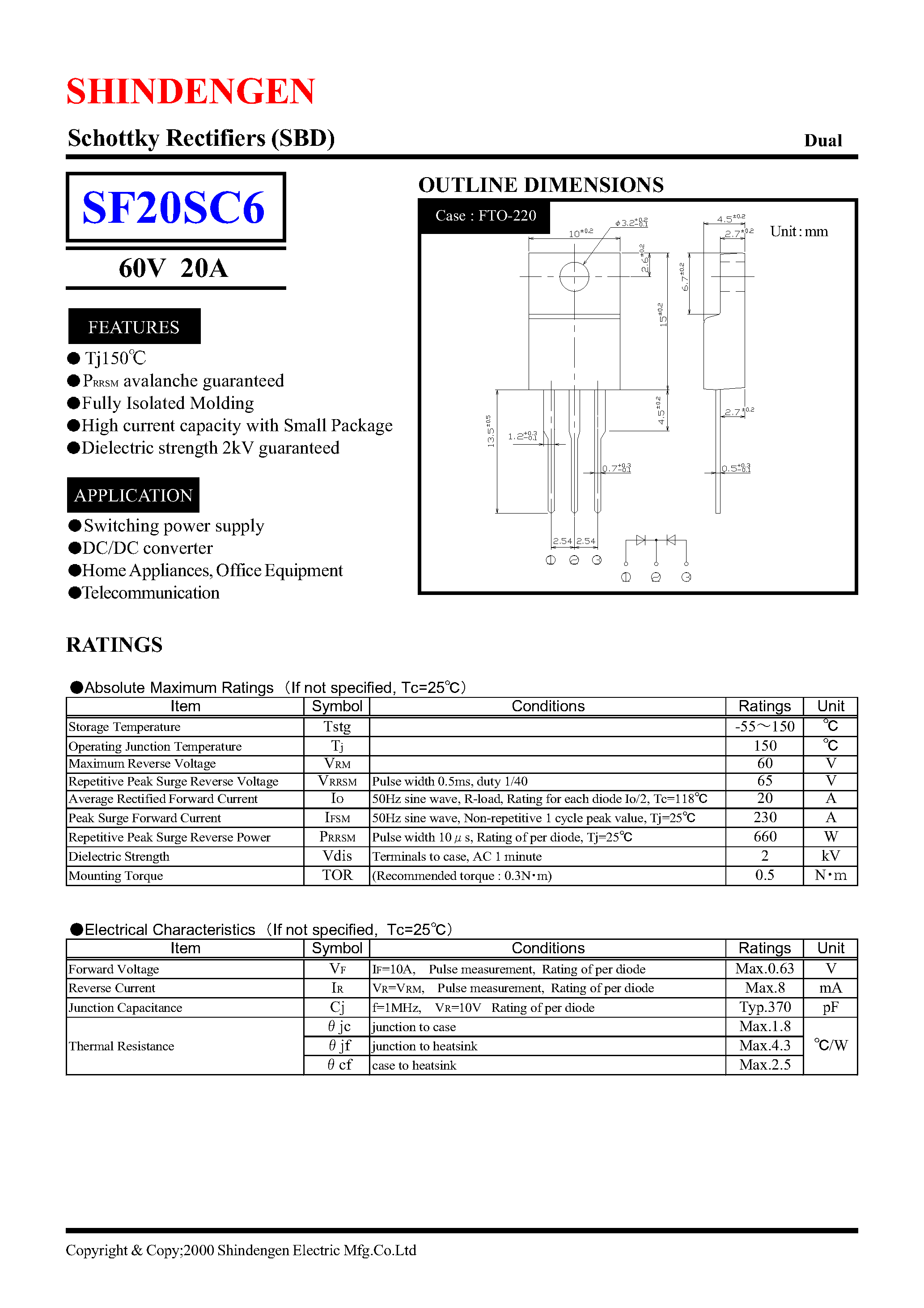 Datasheet SF20SC6 - SCHOTTKY RECTIFIERS (SBD) page 1