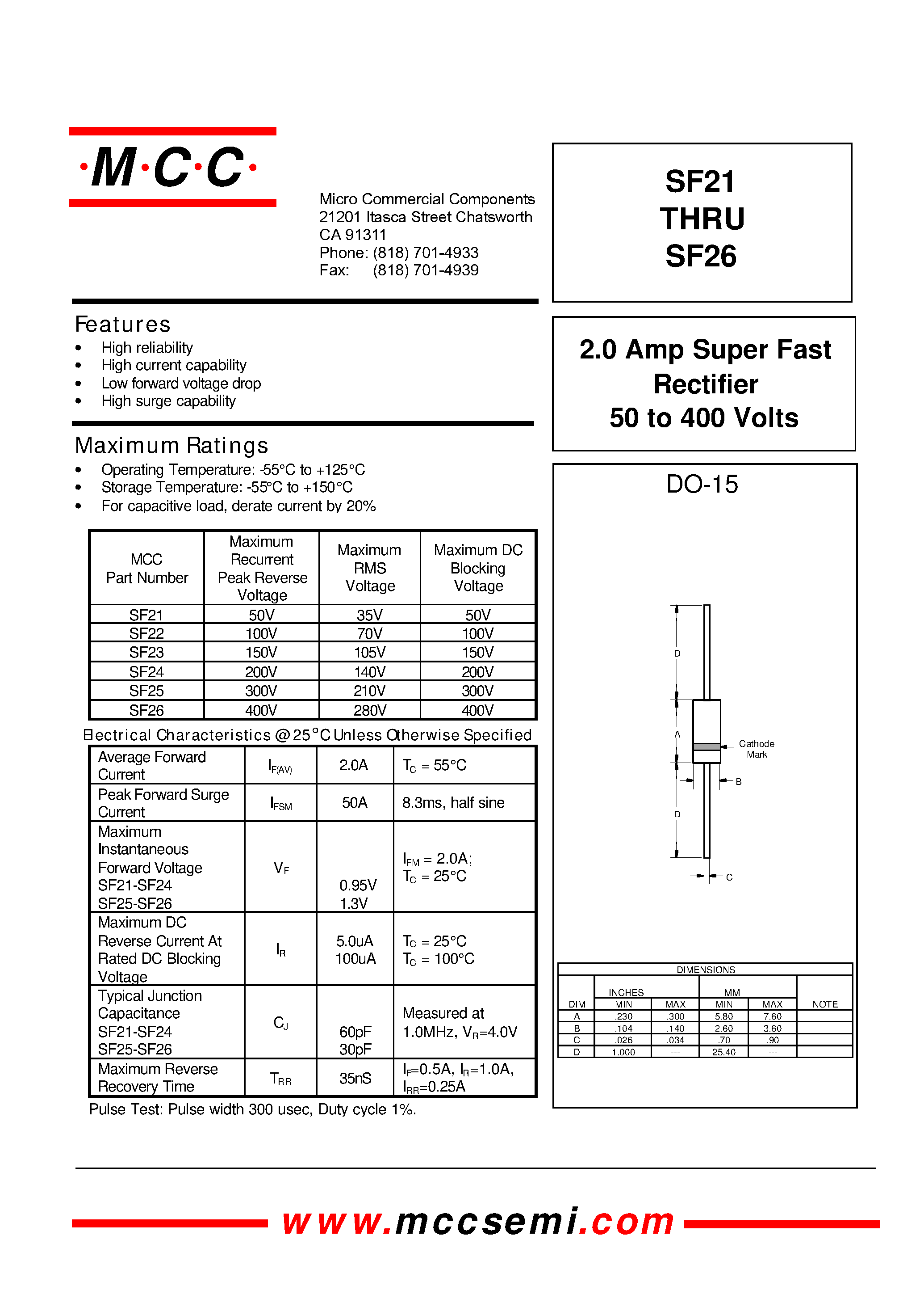 Datasheet SF24 page 1 Datasheet SF24 - 2.0 Amp Super Fast Rectifier 50 to 400 Volts page 1