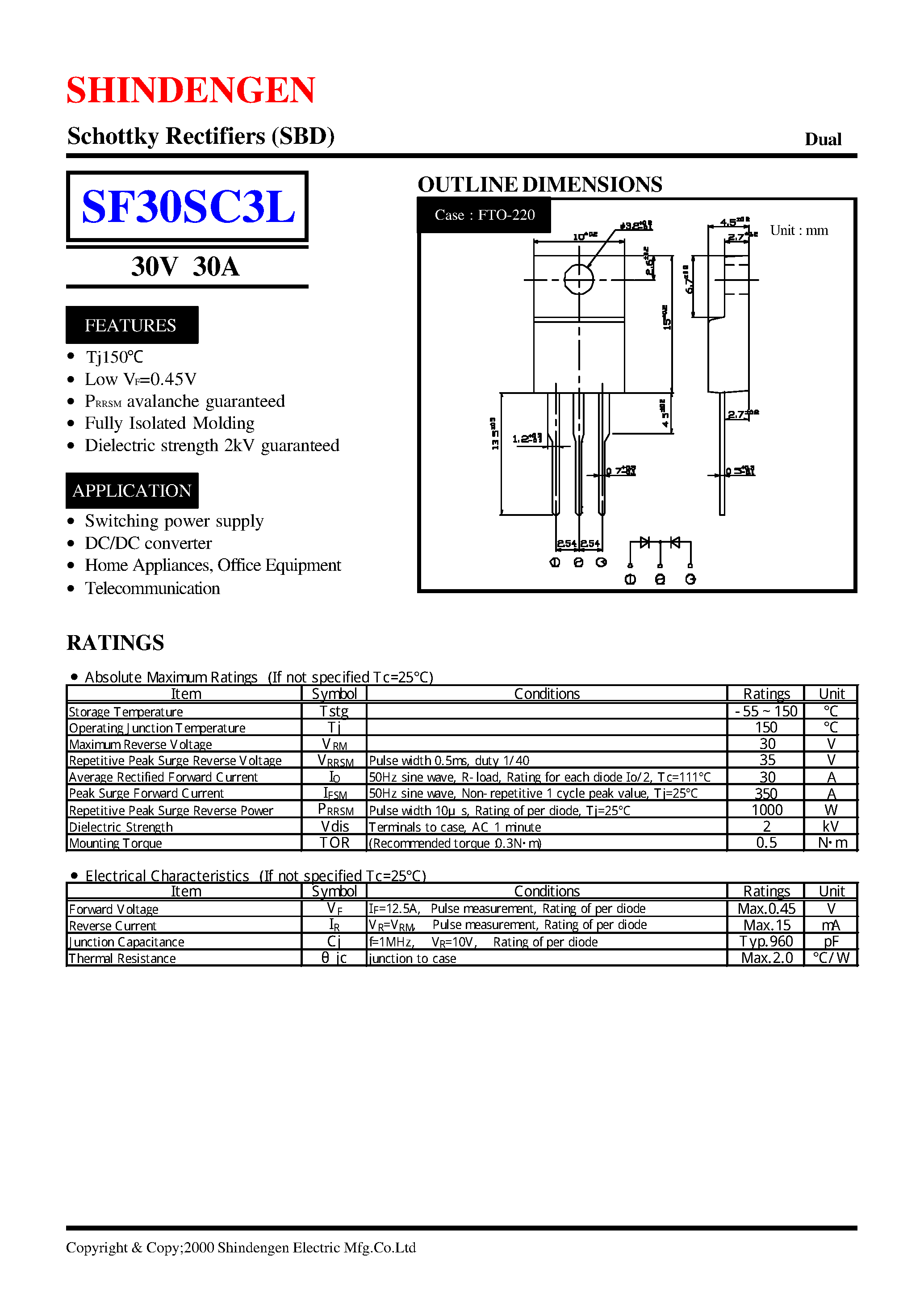 Datasheet SF30SC3L page 1 Datasheet SF30SC3L - Schottky Rectifiers (SBD) (30V 30A) page 1