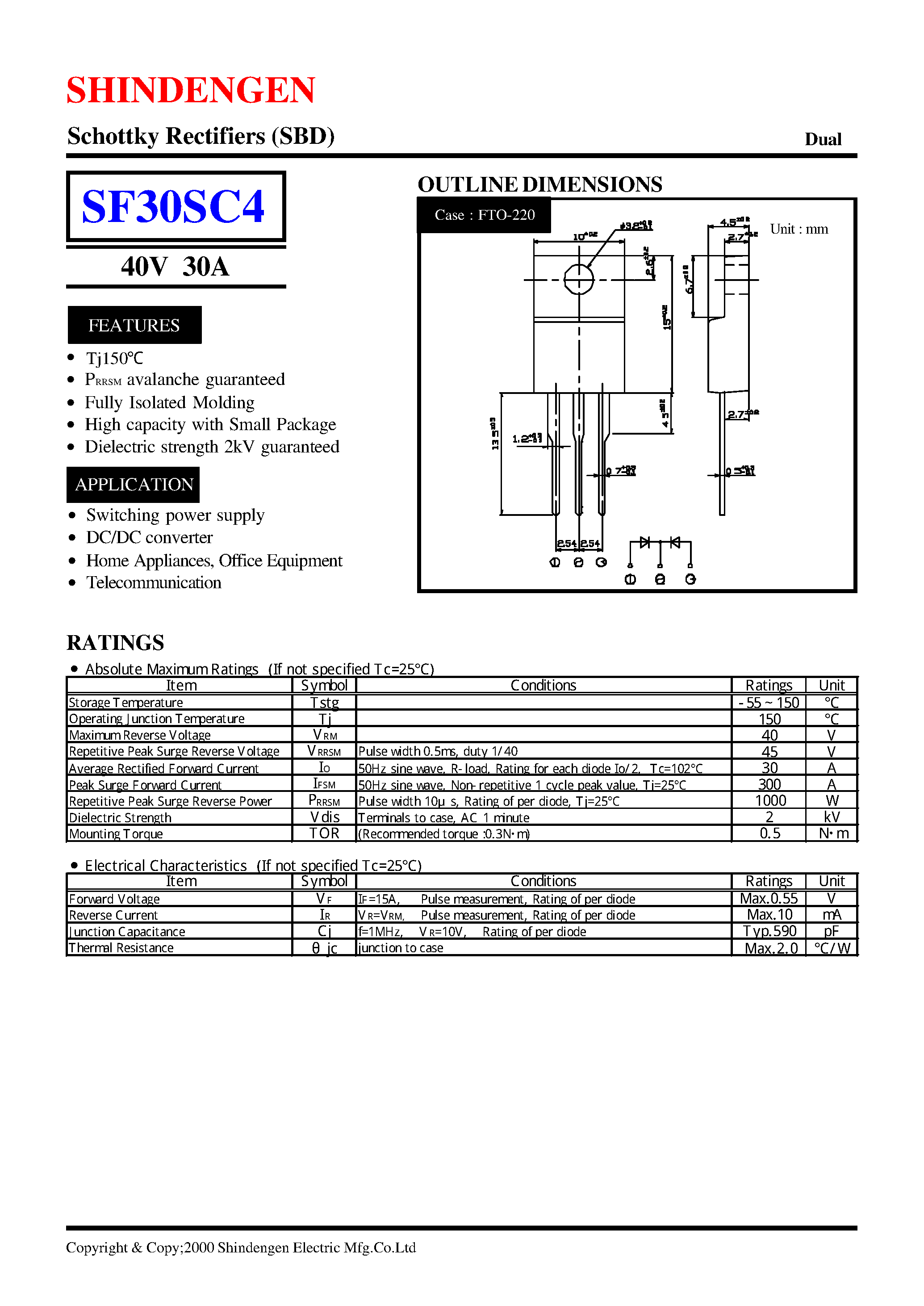 Datasheet SF30SC4 - Schottky Rectifiers (SBD) (40V 30A) page 1