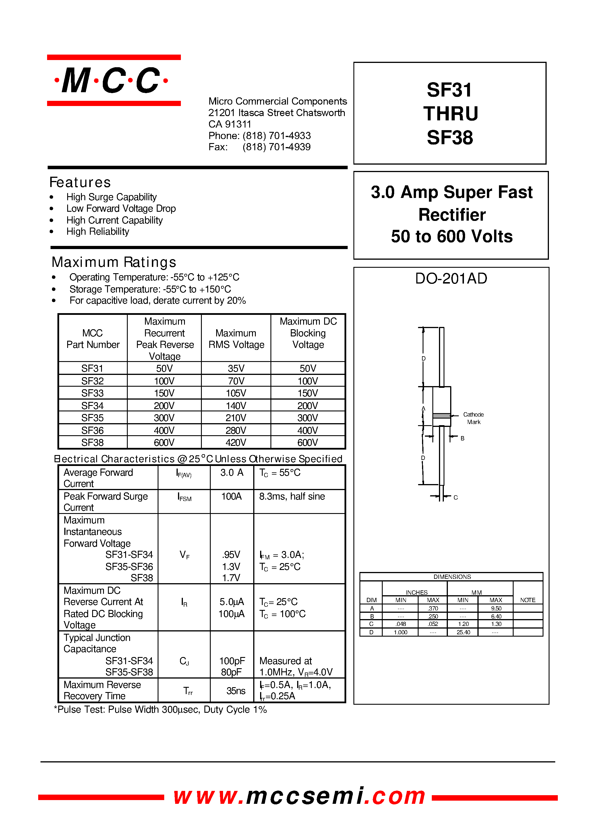Datasheet SF36 - 3.0 Amp Super Fast Rectifier 50 to 600 Volts page 1