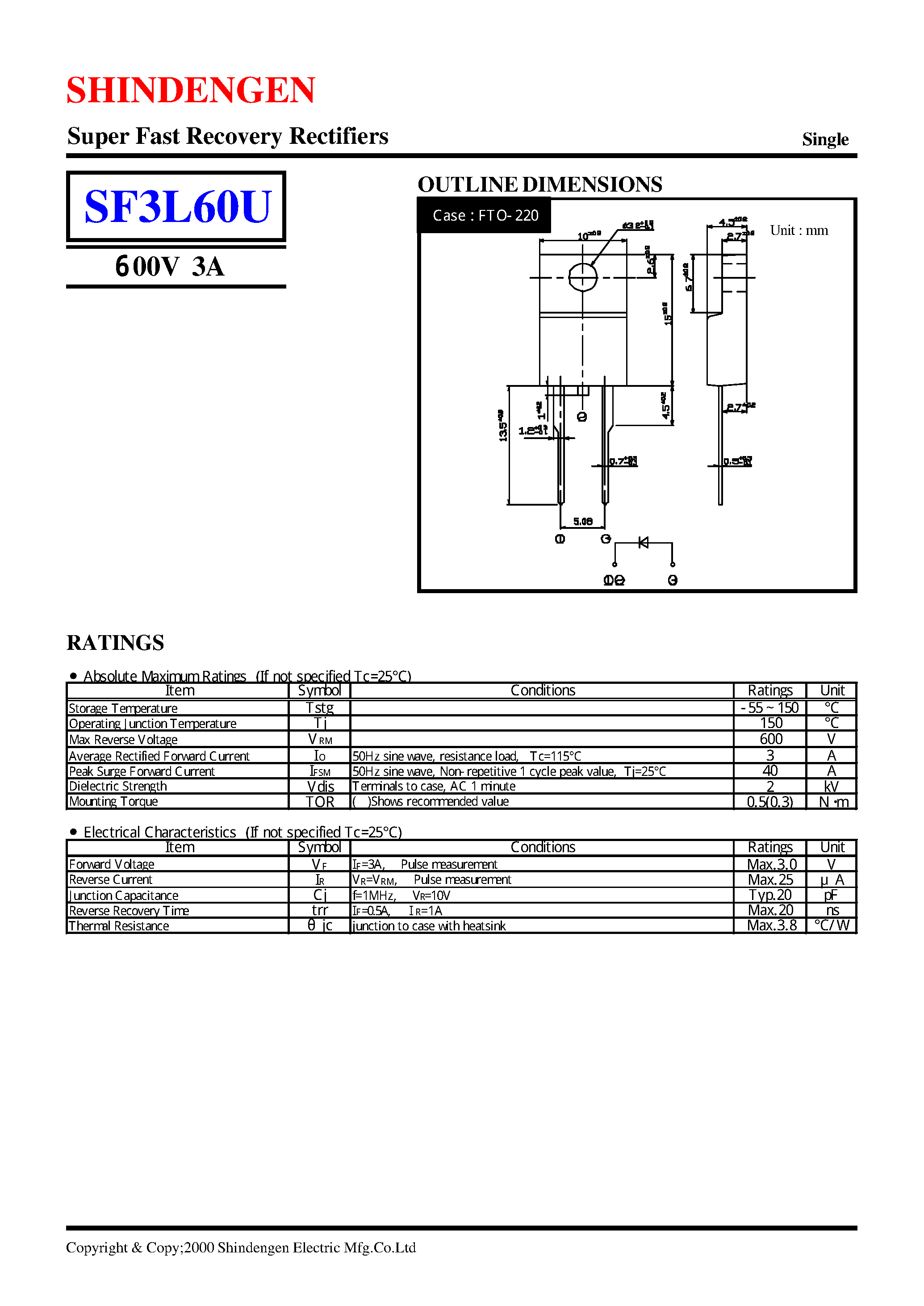 Datasheet SF3L60U page 1 Datasheet SF3L60U - Super Fast Recovery Rectifiers(600V 3A) page 1