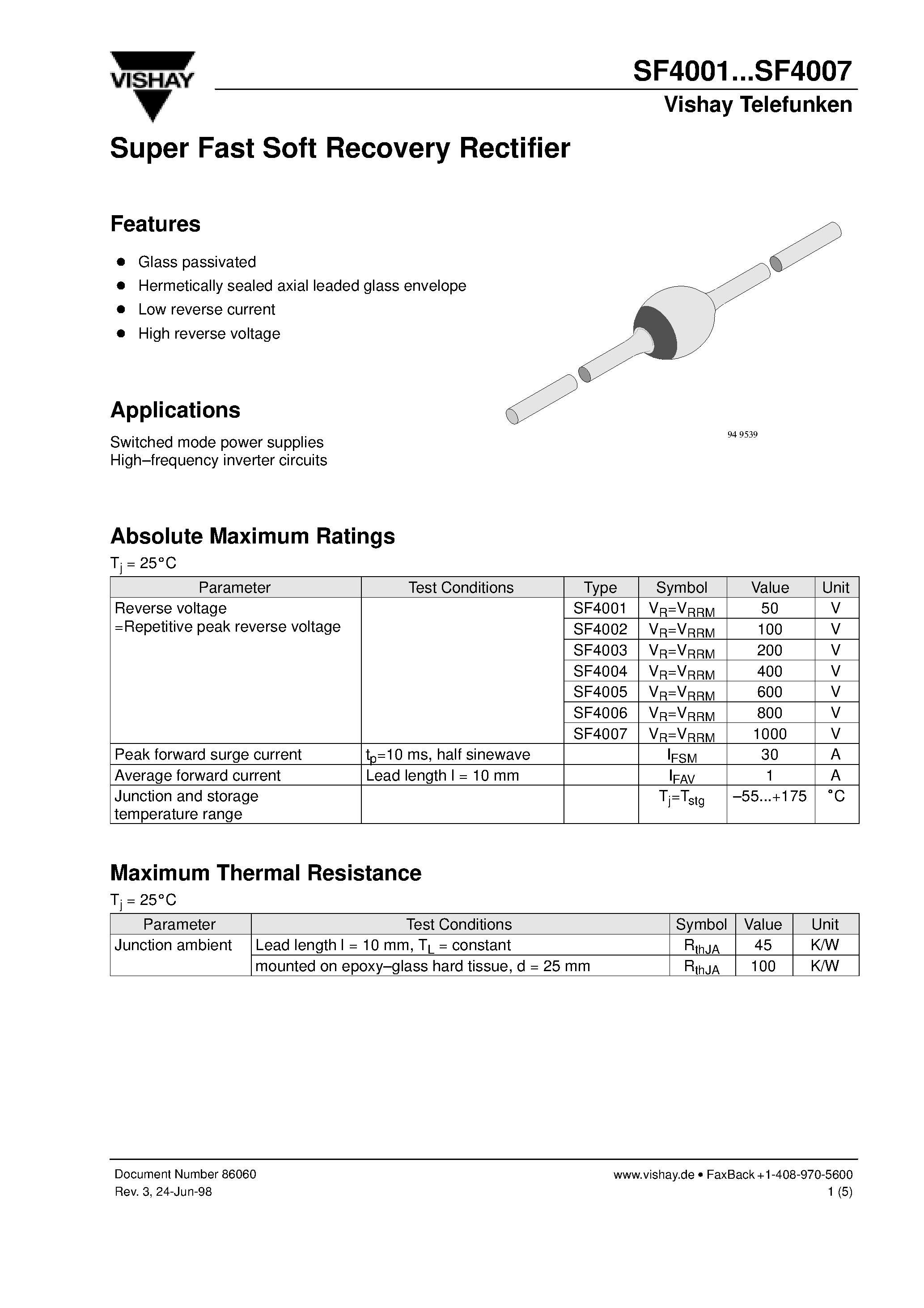 Datasheet SF4006 - Super Fast Soft Recovery Rectifier page 1