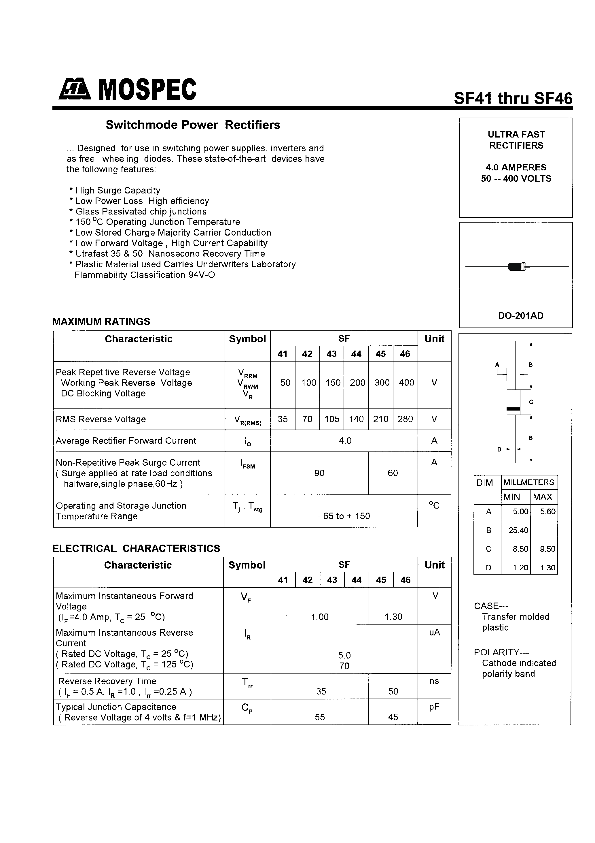 Datasheet SF42 - POWER RECTIFIERS(4.0A /50-400V) page 1