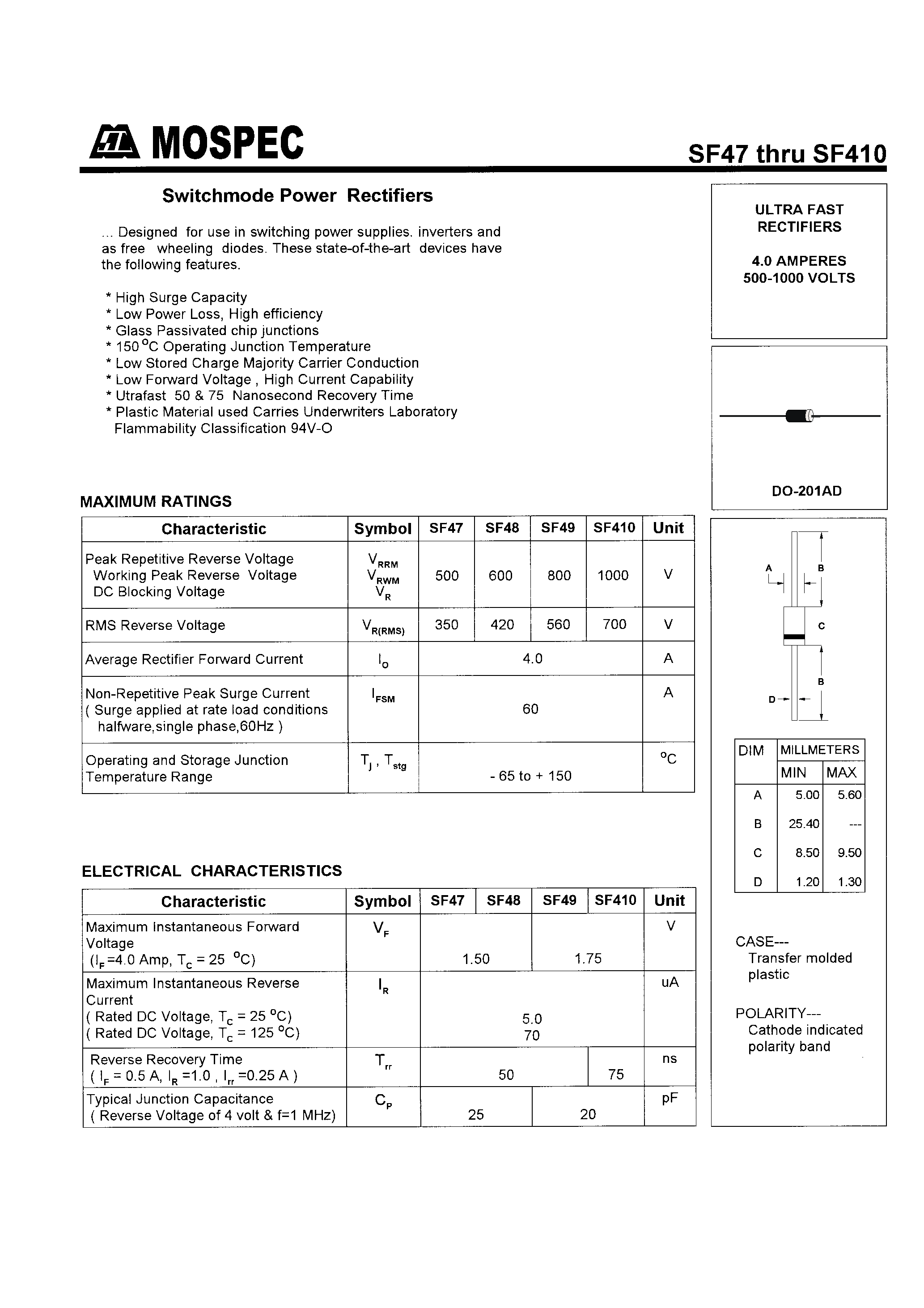 Datasheet SF47 - POWER RECTIFIERS(4.0A /500-1000V) page 1