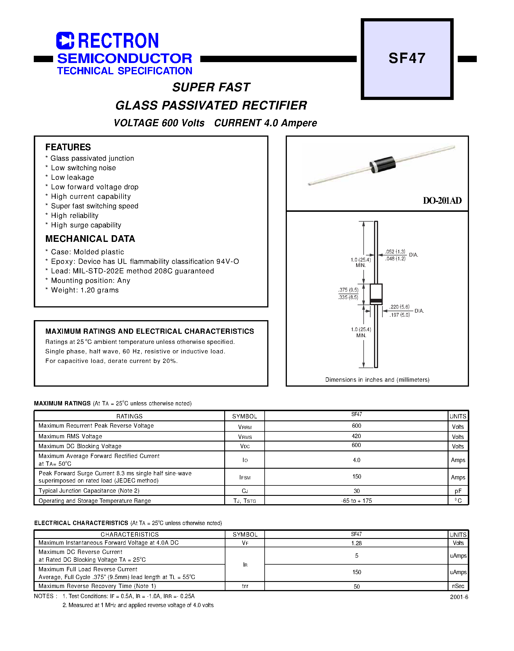 Datasheet SF47 page 1 Datasheet SF47 - SUPER FAST GLASS PASSIVATED RECTIFIER (VOLTAGE 600 Volts CURRENT 4.0 Ampere) page 1