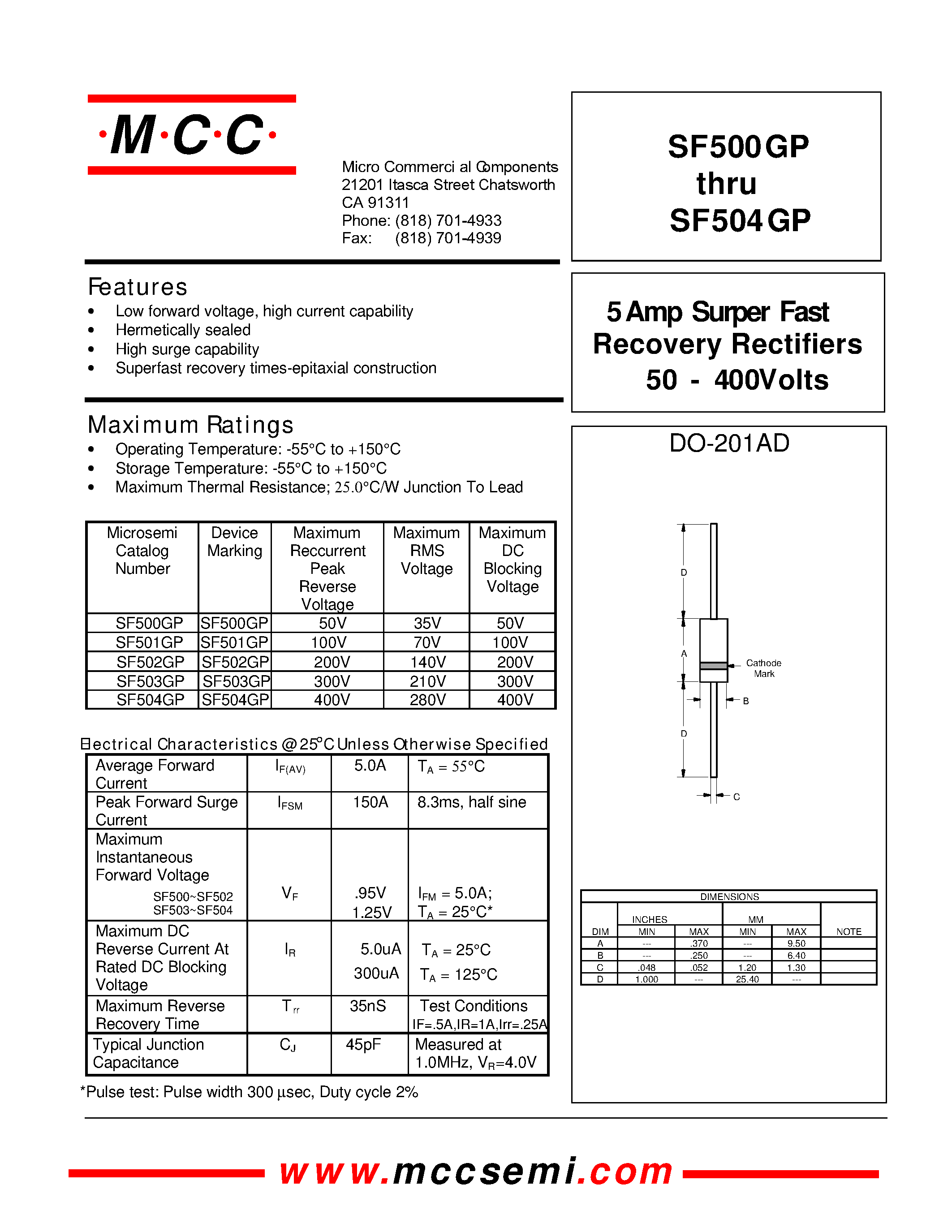 Datasheet SF504GP - 5 Amp Surper Fast 50 - 4 00 Volts Recovery Rectifiers page 1