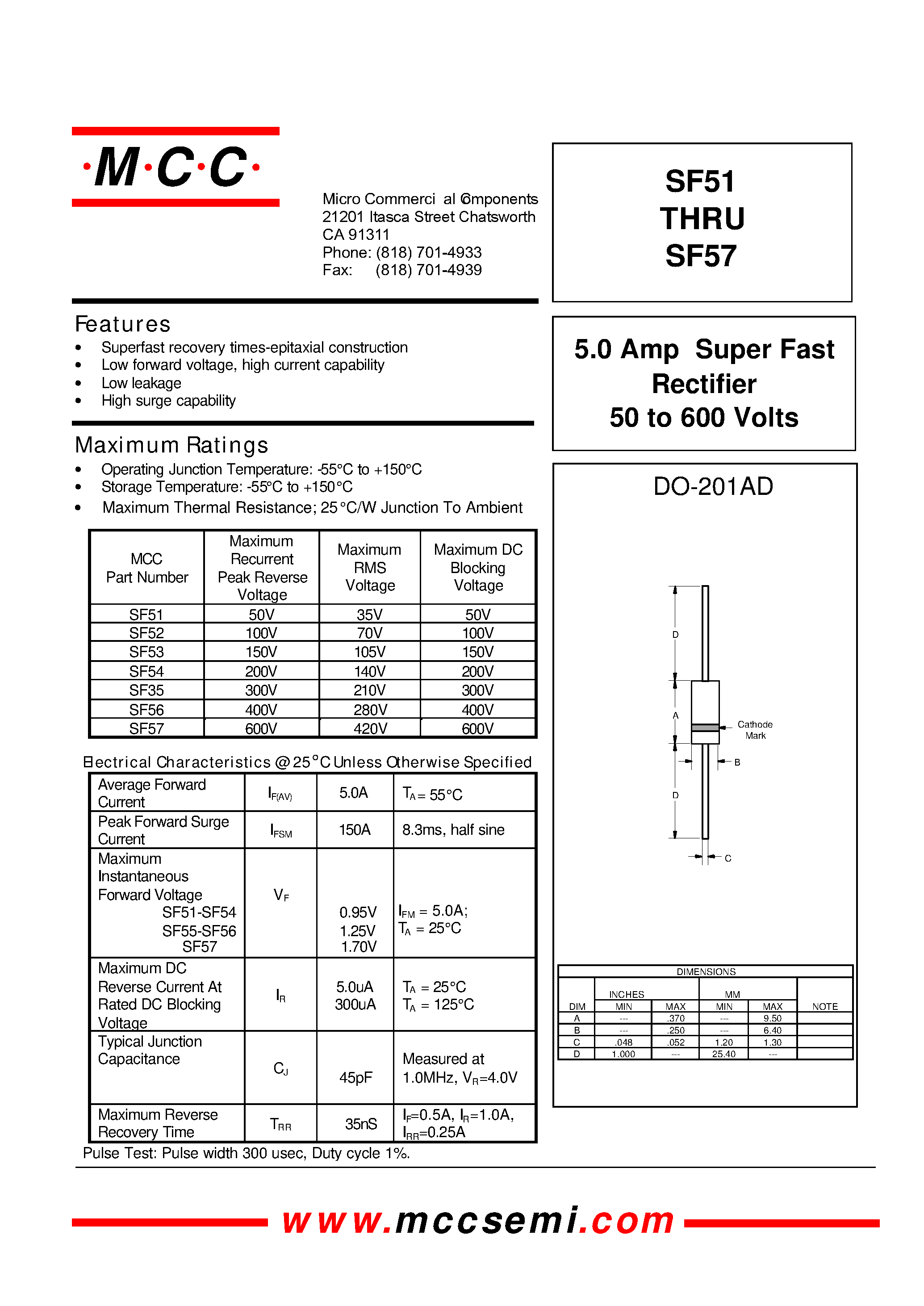 Datasheet SF53 - 5.0 Amp Super Fast Rectifier 50 to 600 Volts page 1