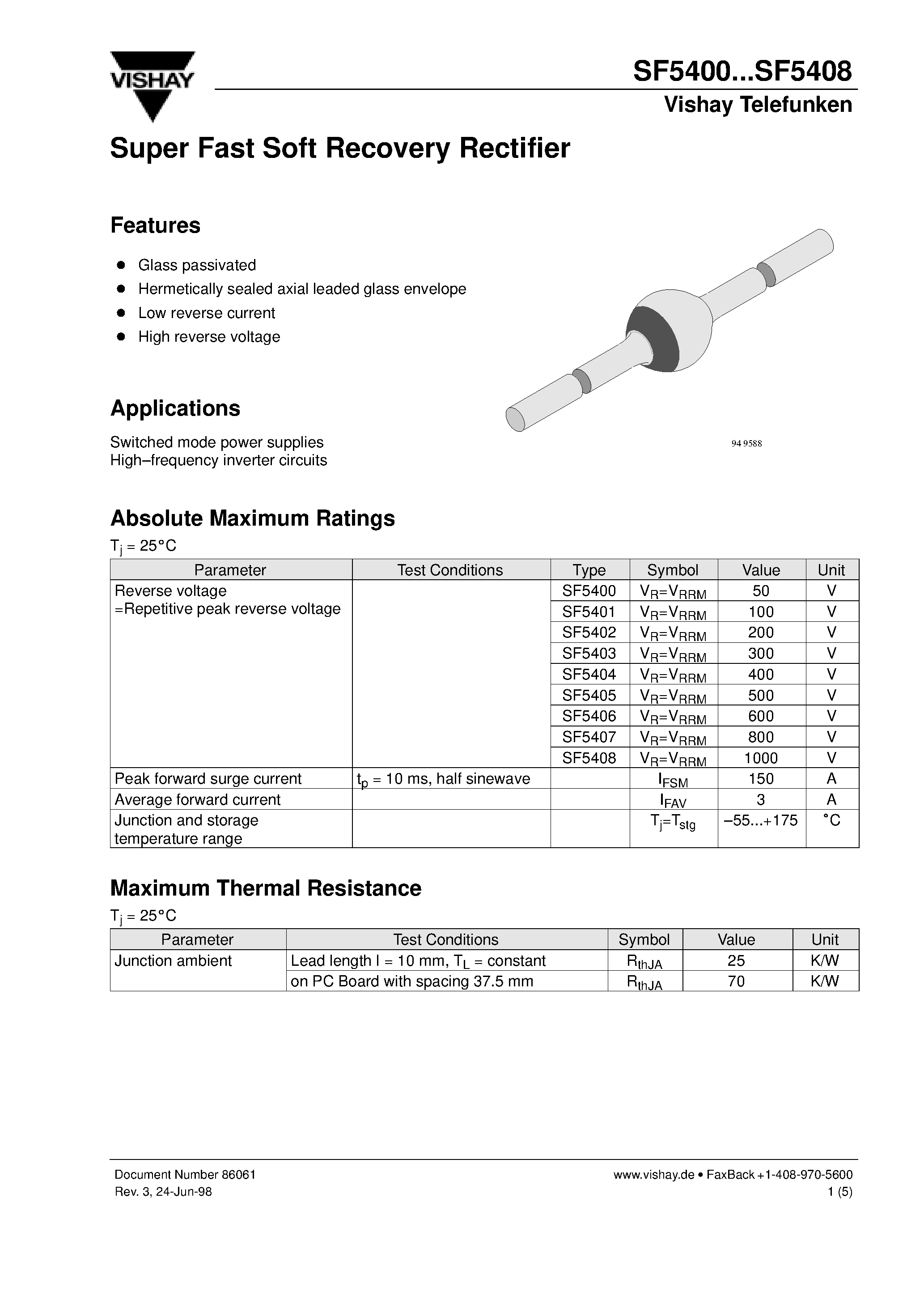Datasheet SF5400 page 1 Datasheet SF5400 - Super Fast Soft Recovery Rectifier page 1