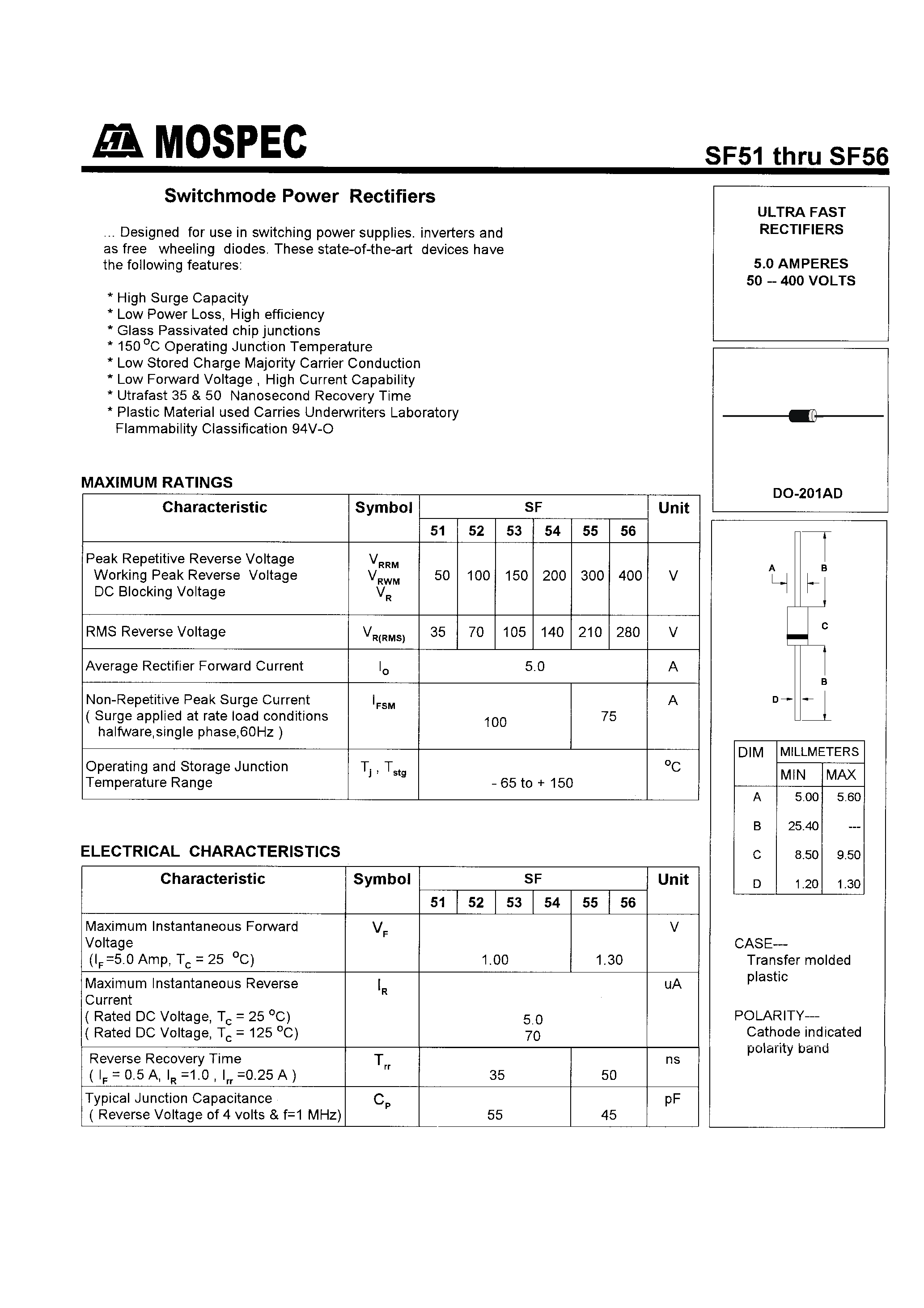 Datasheet SF55 - POWER RECTIFIERS(5.0A / 50-400V) page 1