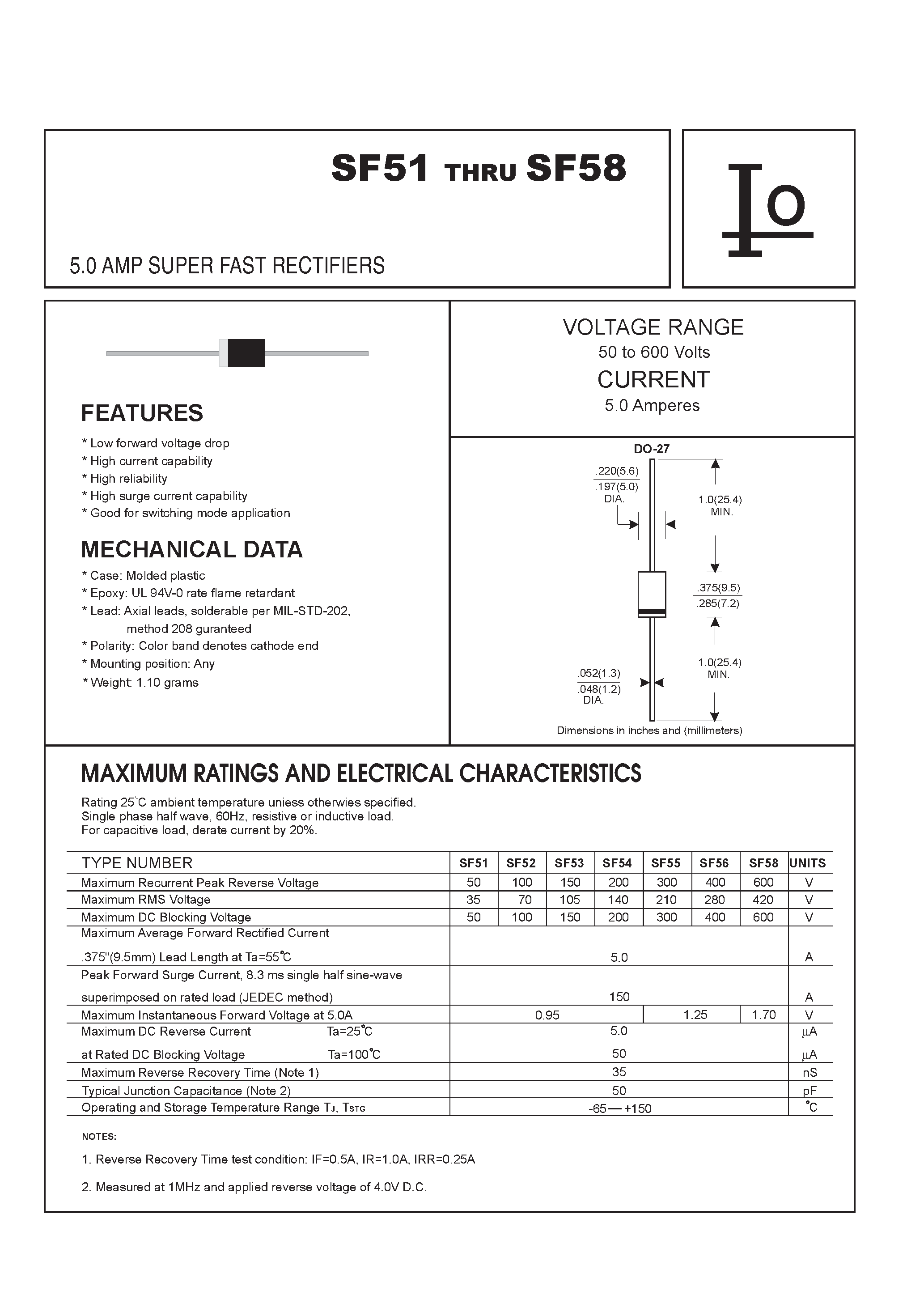 Даташит SF58 - 5.0 AMP SUPER FAST RECTIFIERS страница 1