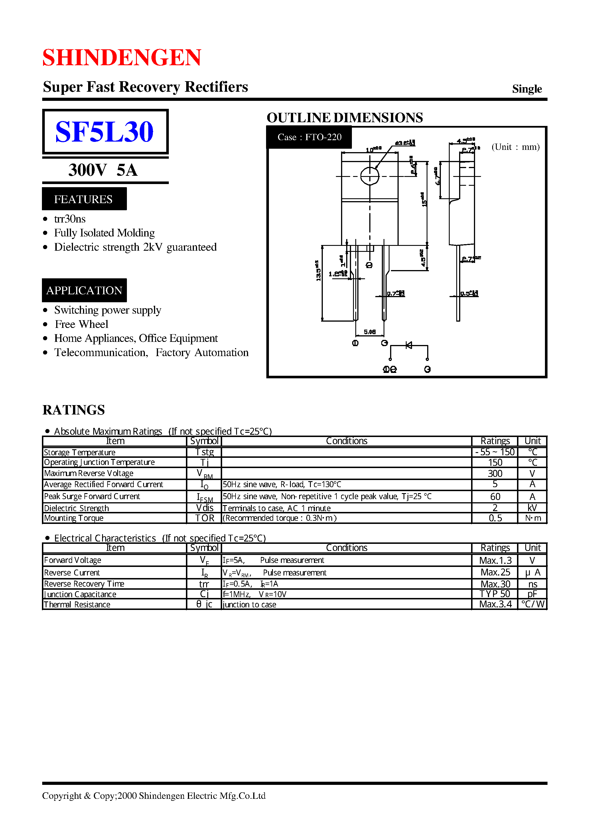 Datasheet SF5L30 - Super Fast Recovery Rectifiers(300V 5A) page 1