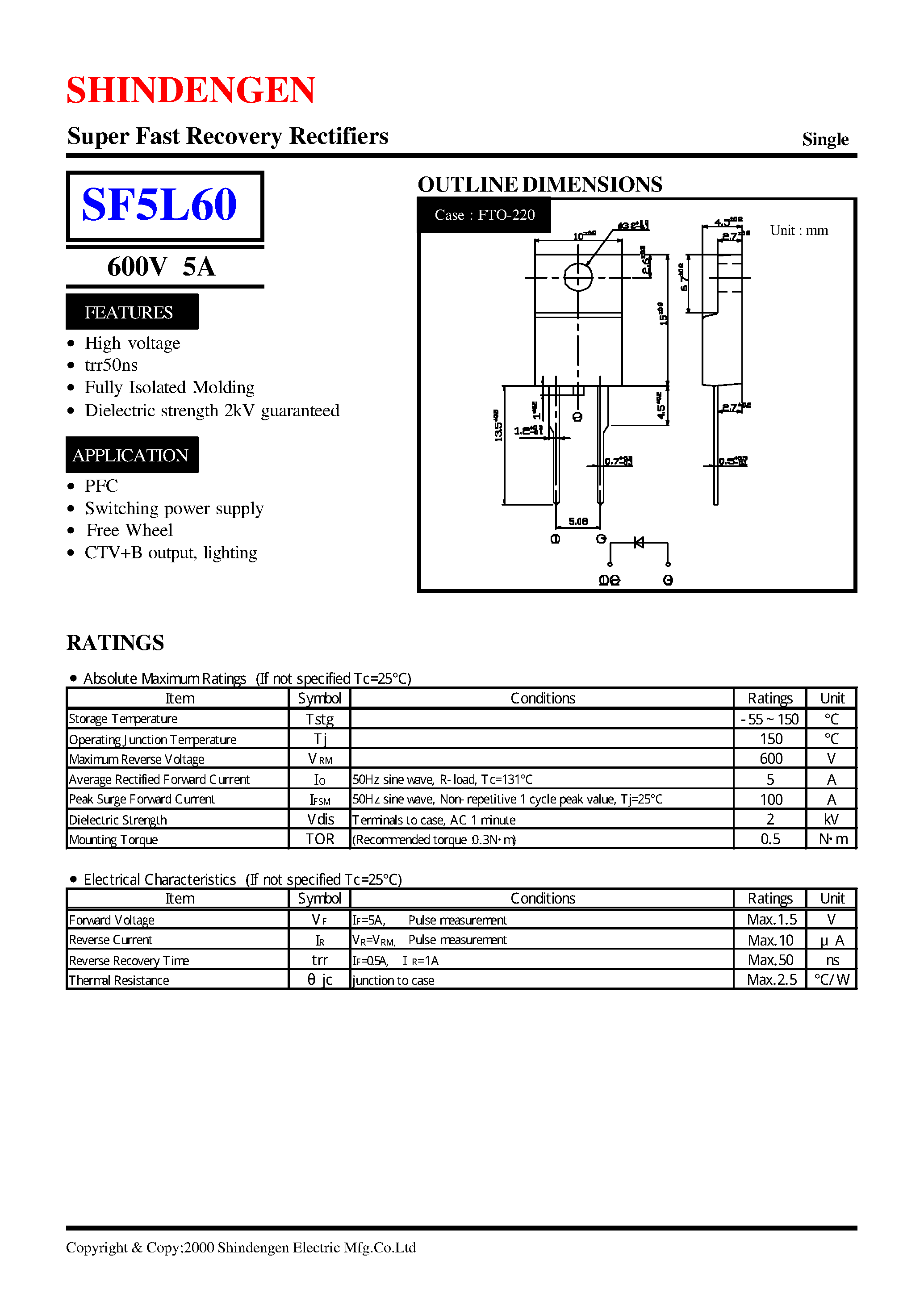 Datasheet SF5L60 page 1 Datasheet SF5L60 - Super Fast Recovery Rectifiers(600V 5A) page 1
