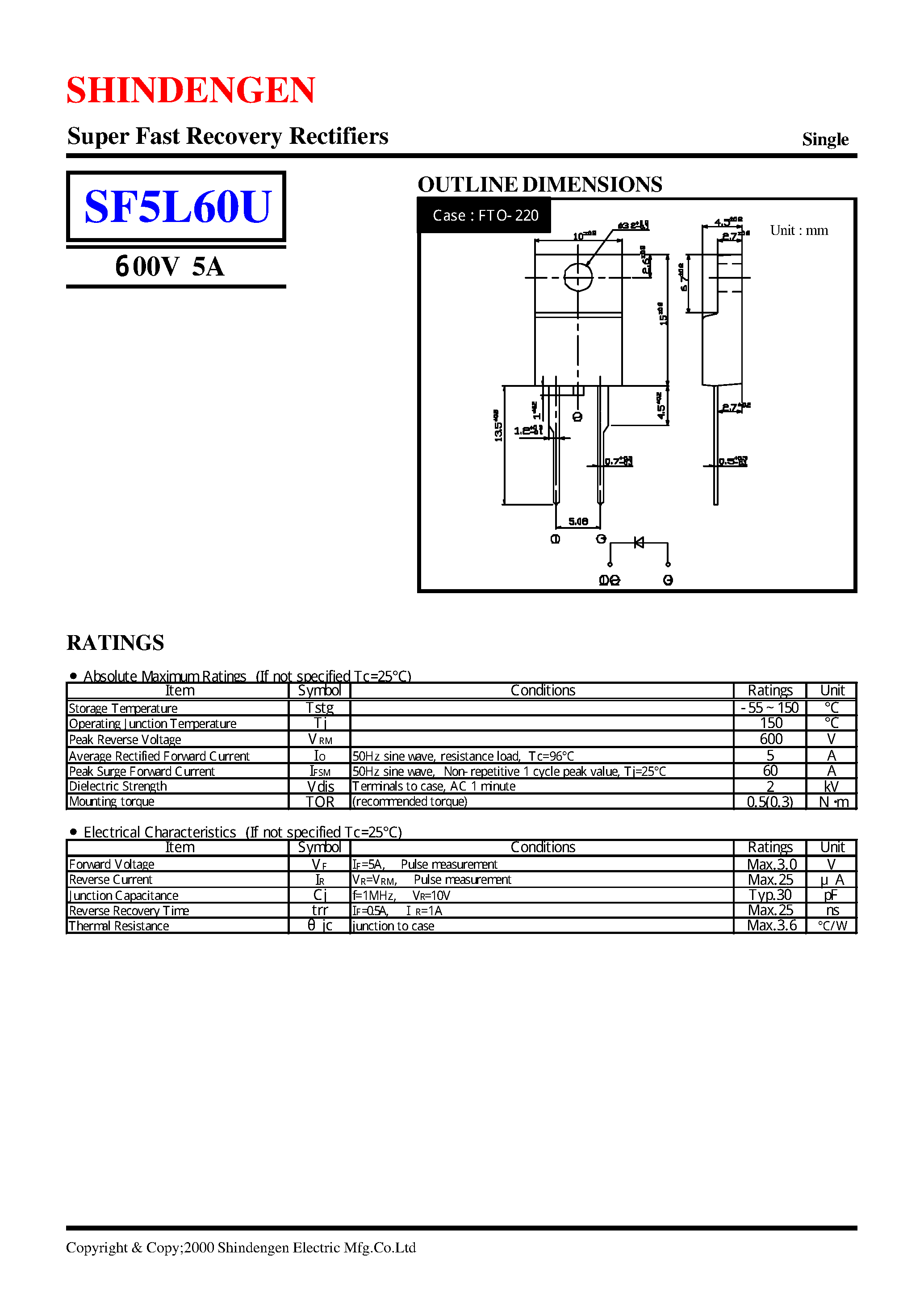 Datasheet SF5L60U page 1 Datasheet SF5L60U - Super Fast Recovery Rectifiers(600V 5A) page 1