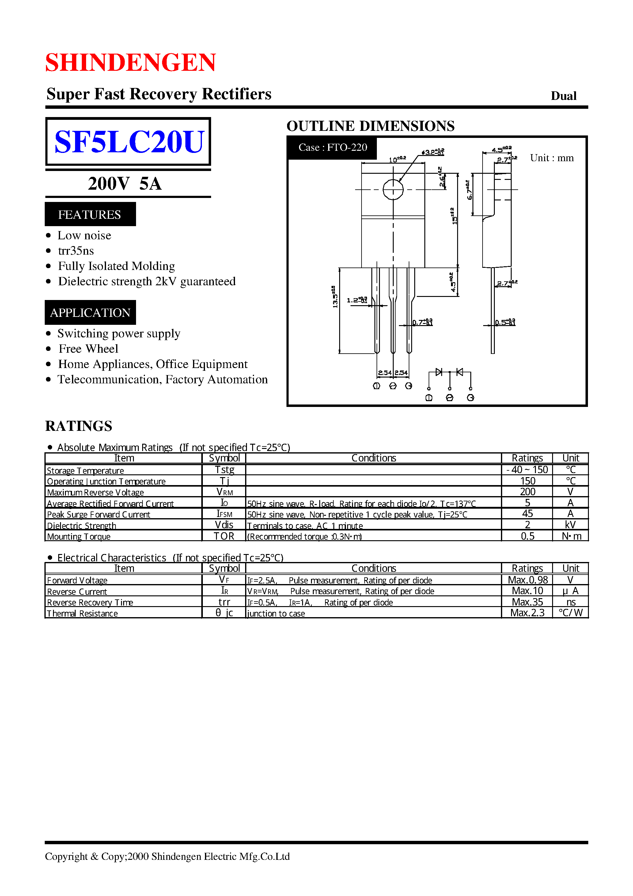 Datasheet SF5LC20 page 1 Datasheet SF5LC20 - Super Fast Recovery Rectifiers(200V 5A) page 1