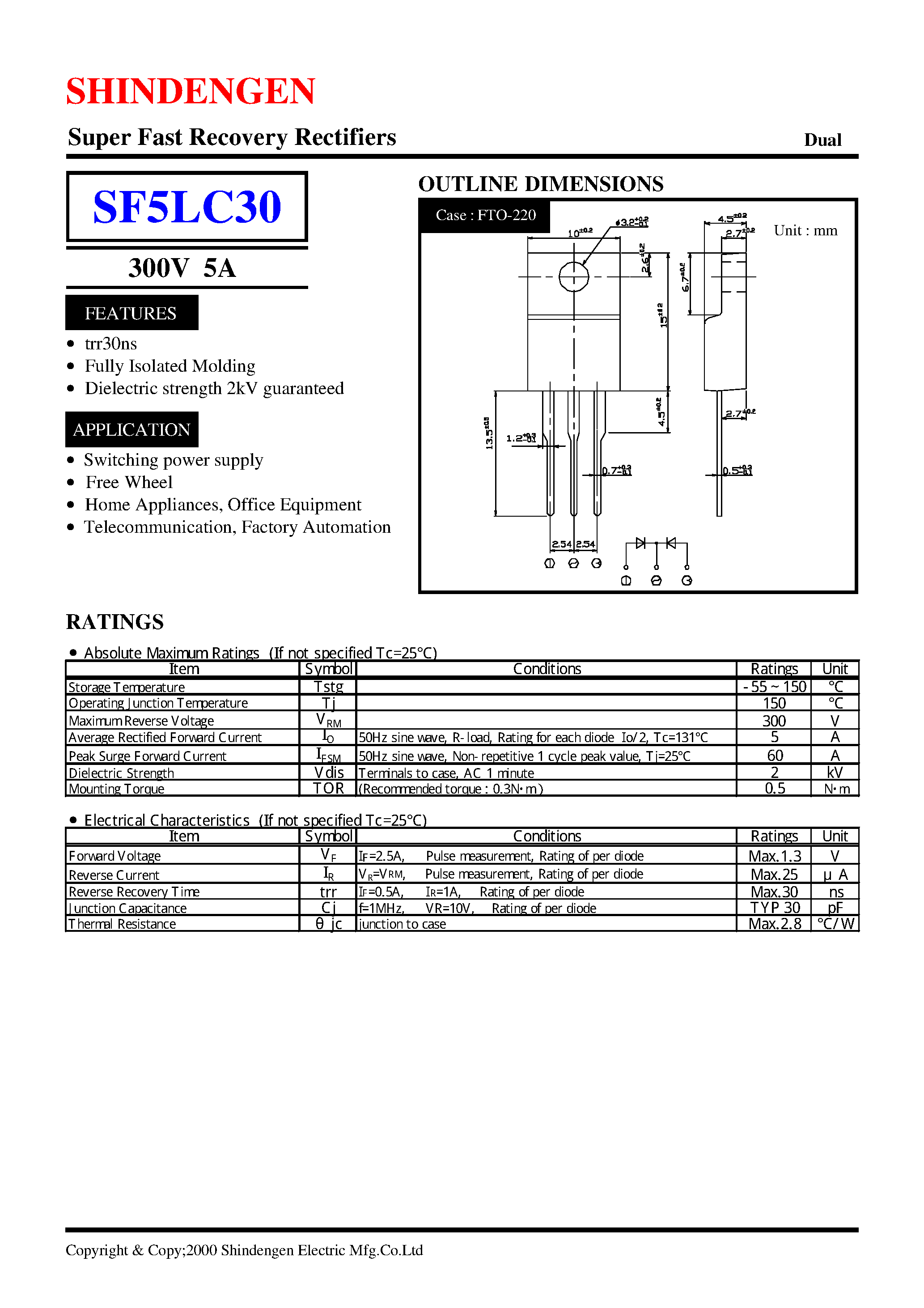 Datasheet SF5LC30 page 1 Datasheet SF5LC30 - Super Fast Recovery Rectifiers(300V 5A) page 1