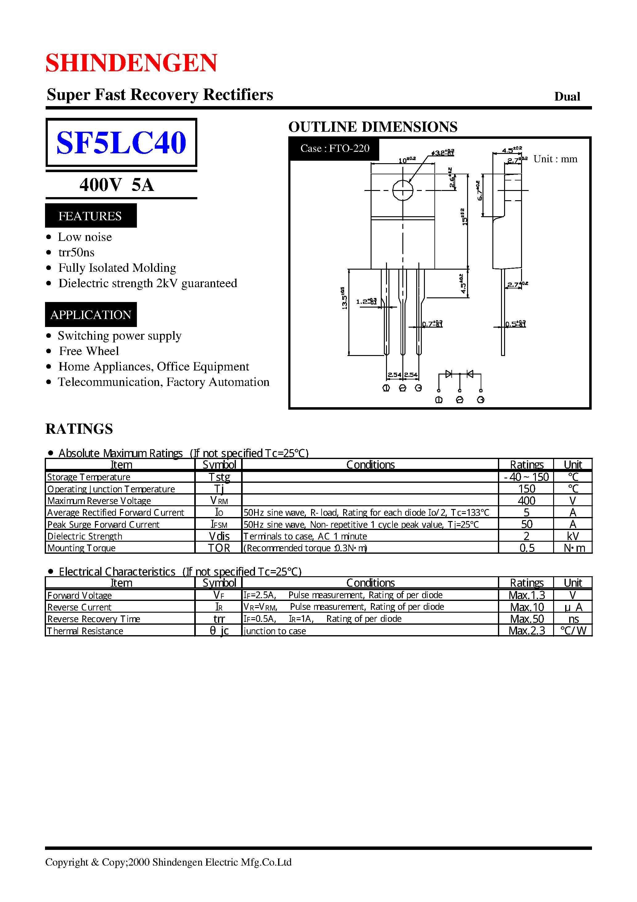 Datasheet SF5LC40 page 1 Datasheet SF5LC40 - Super Fast Recovery Rectifiers(400V 5A) page 1