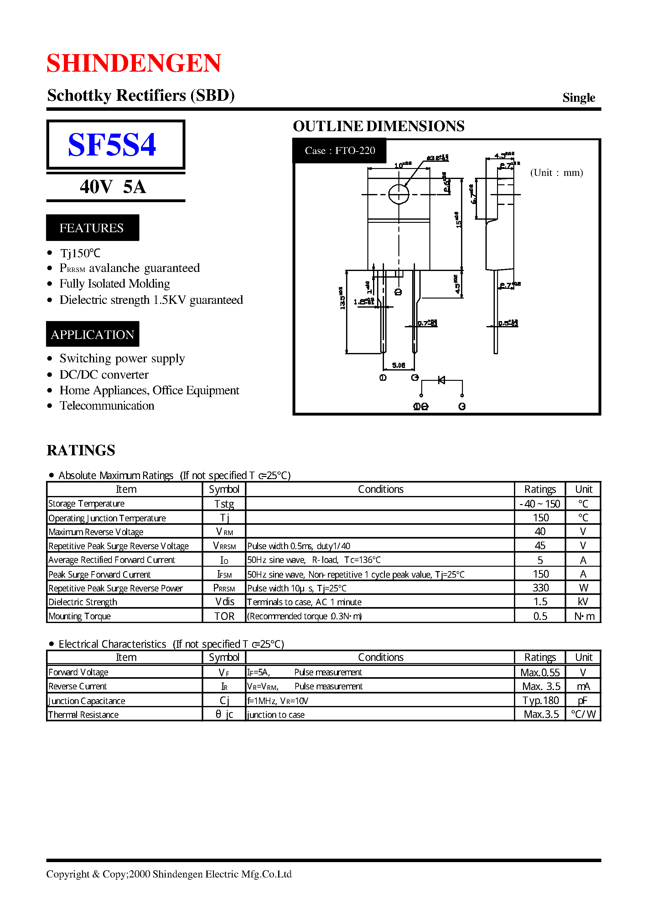 Datasheet SF5S4 page 1 Datasheet SF5S4 - Schottky Rectifiers (SBD) (40V 5A) page 1