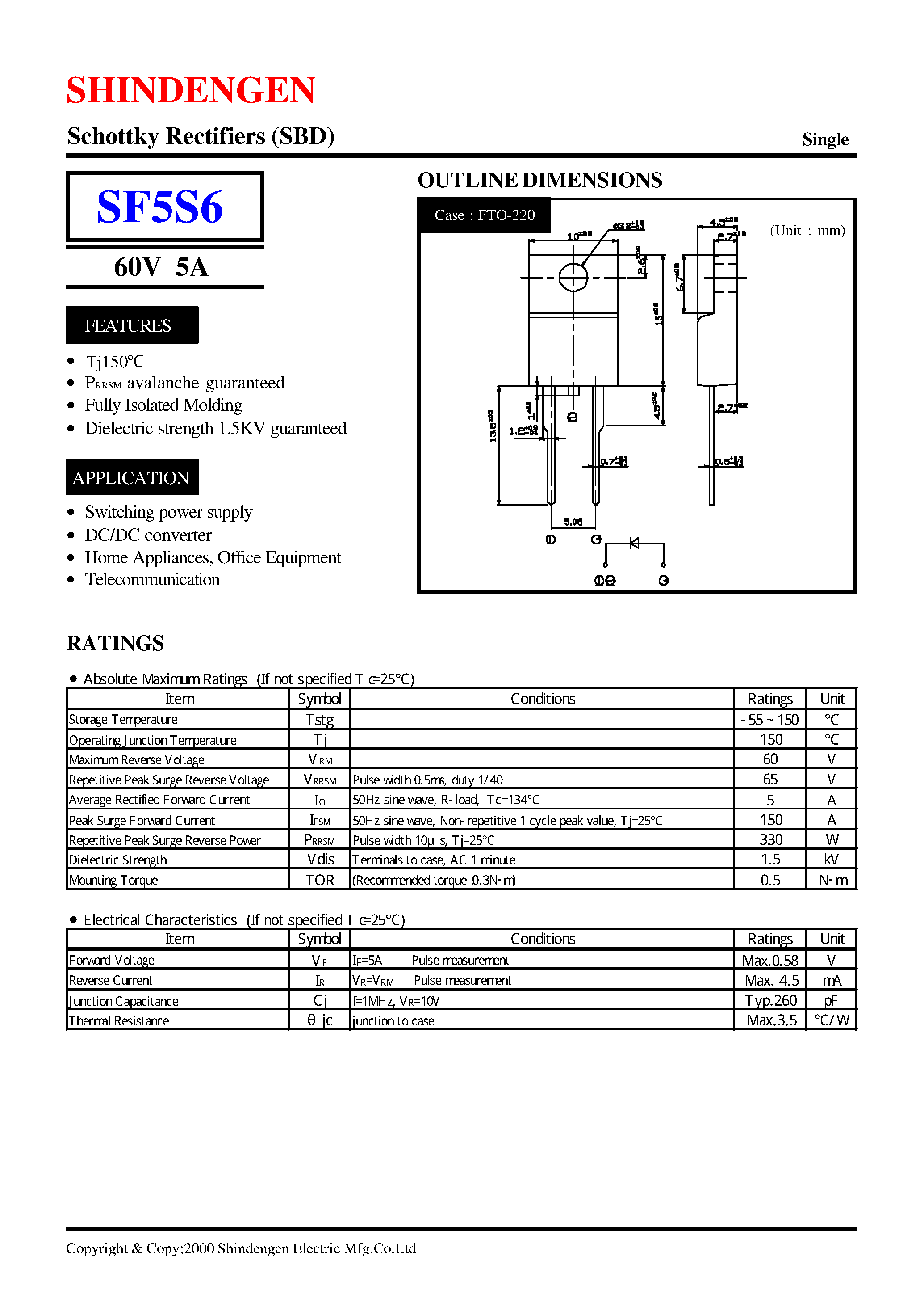 Datasheet SF5S6 page 1 Datasheet SF5S6 - Schottky Rectifiers (SBD) (60V 5A) page 1