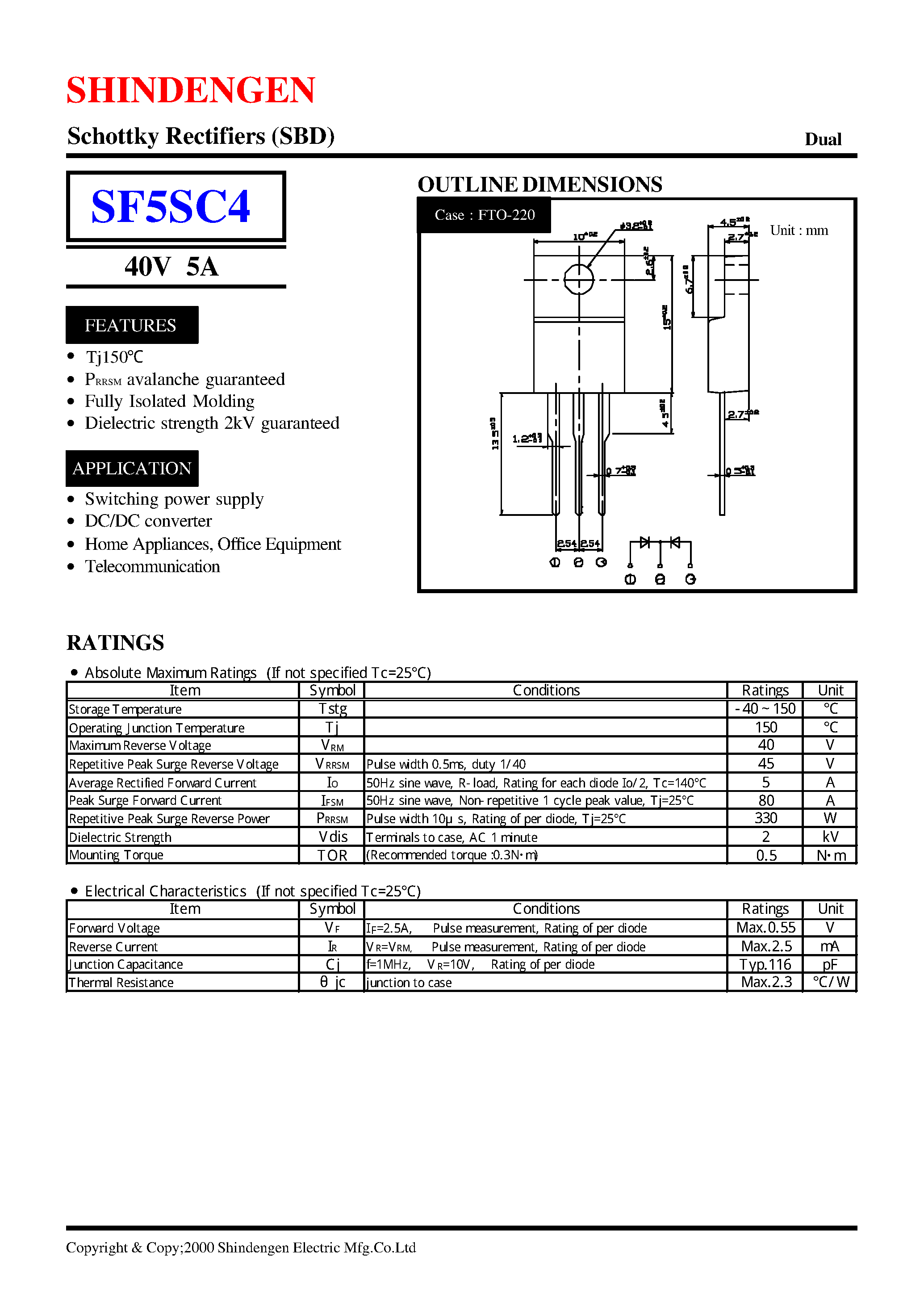 Datasheet SF5SC4 page 1 Datasheet SF5SC4 - Schottky Rectifiers (SBD) (40V 5A) page 1