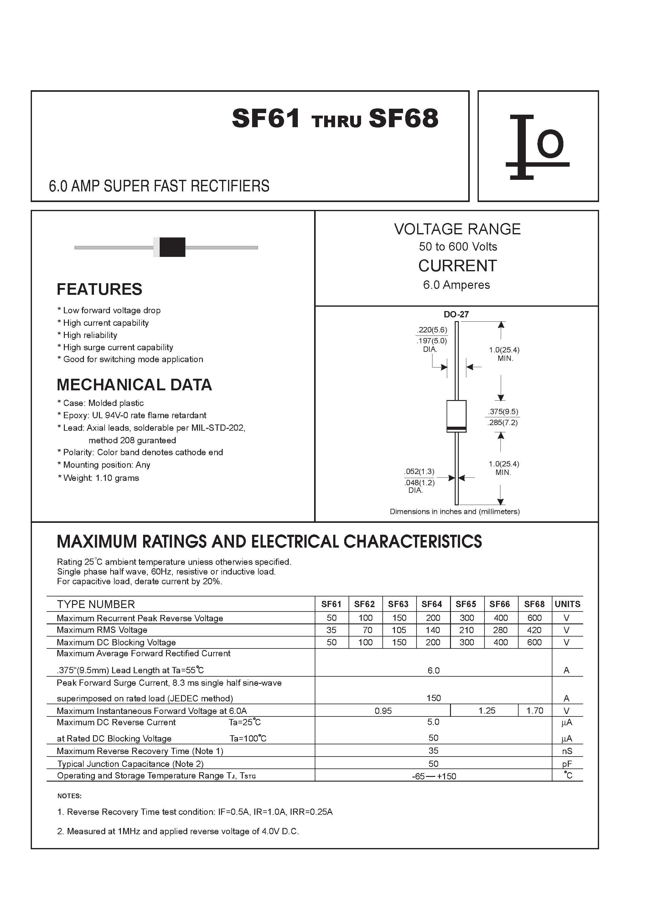 Datasheet SF65 - 6.0 AMP SUPER FAST RECTIFIERS page 1