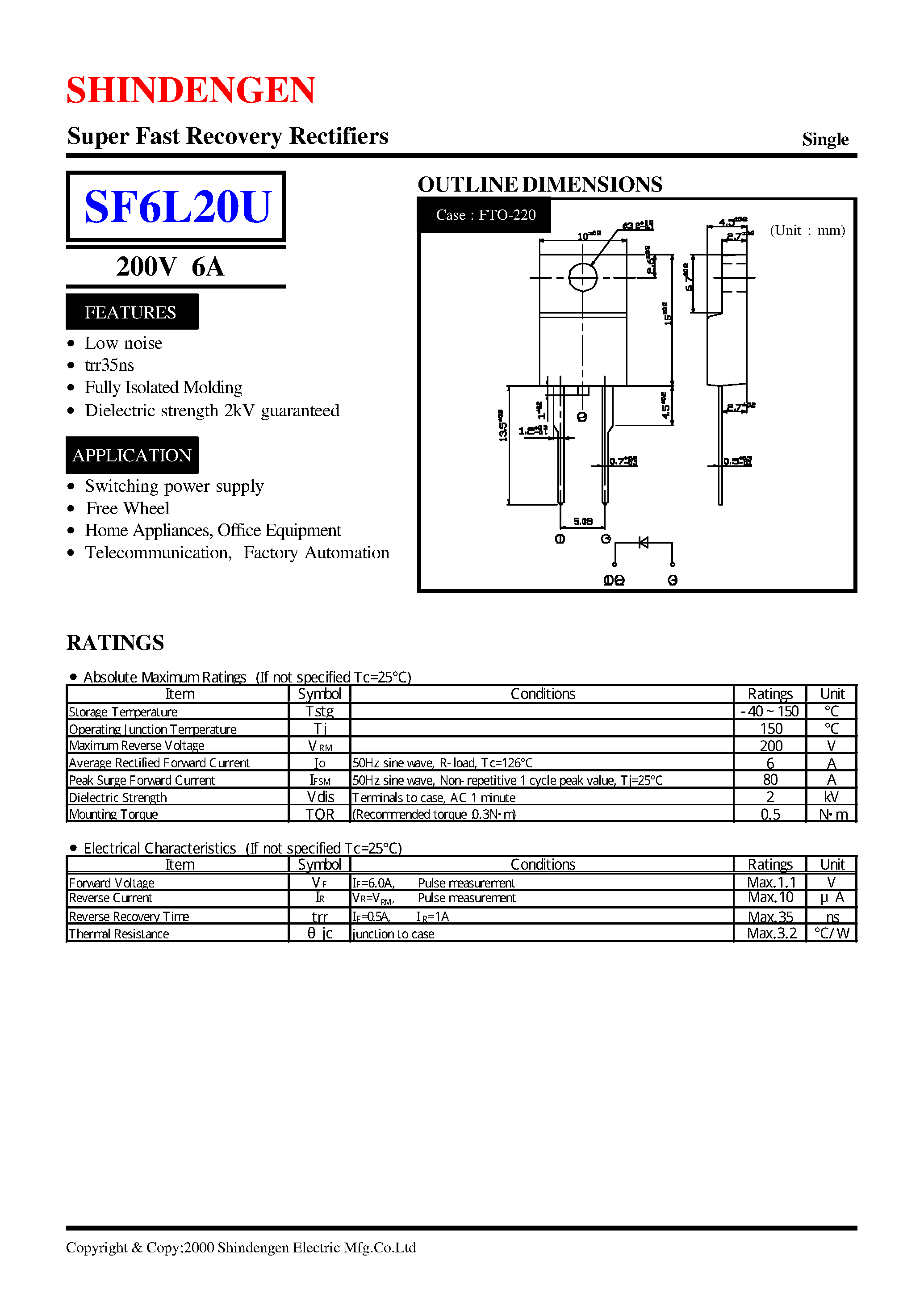 Datasheet SF6L20U - Super Fast Recovery Rectifiers(200V 6A) page 1