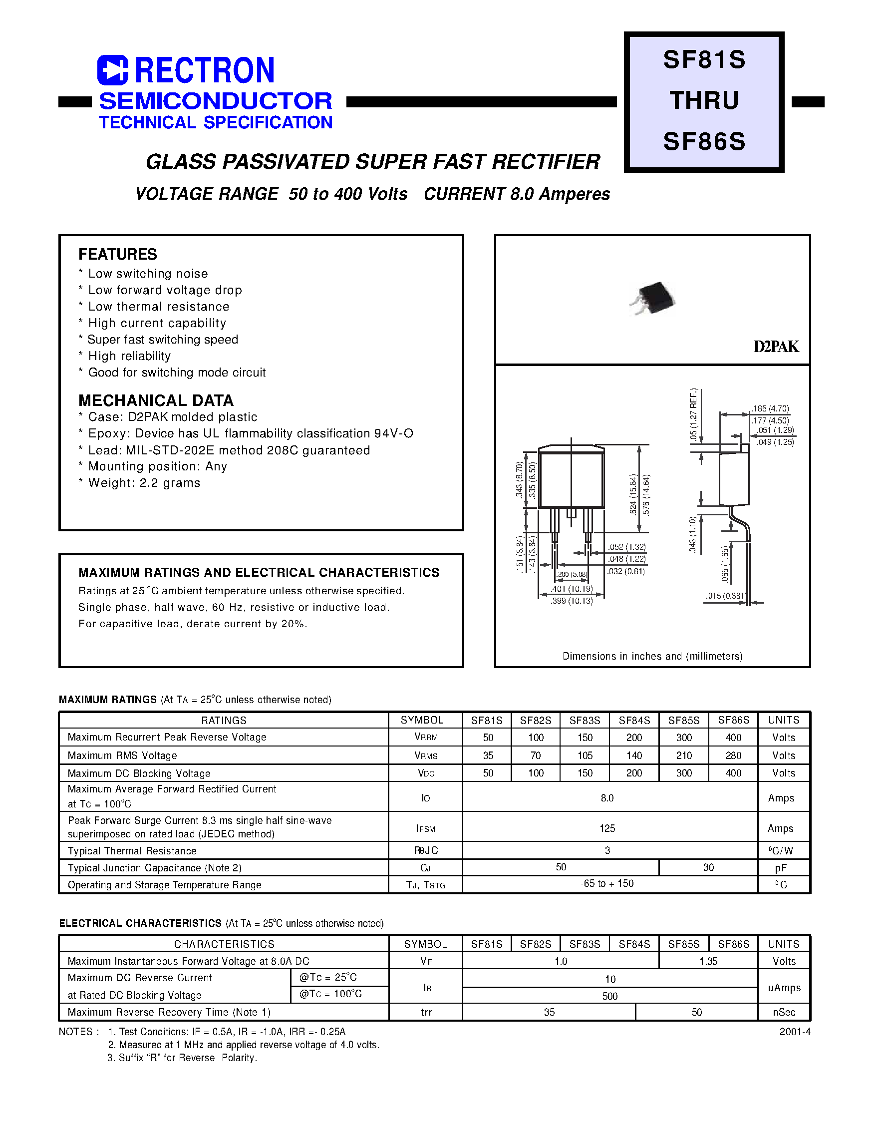 Datasheet SF82S - GLASS PASSIVATED SUPER FAST RECTIFIER (VOLTAGE RANGE 50 to 400 Volts CURRENT 8.0 Amperes) page 1