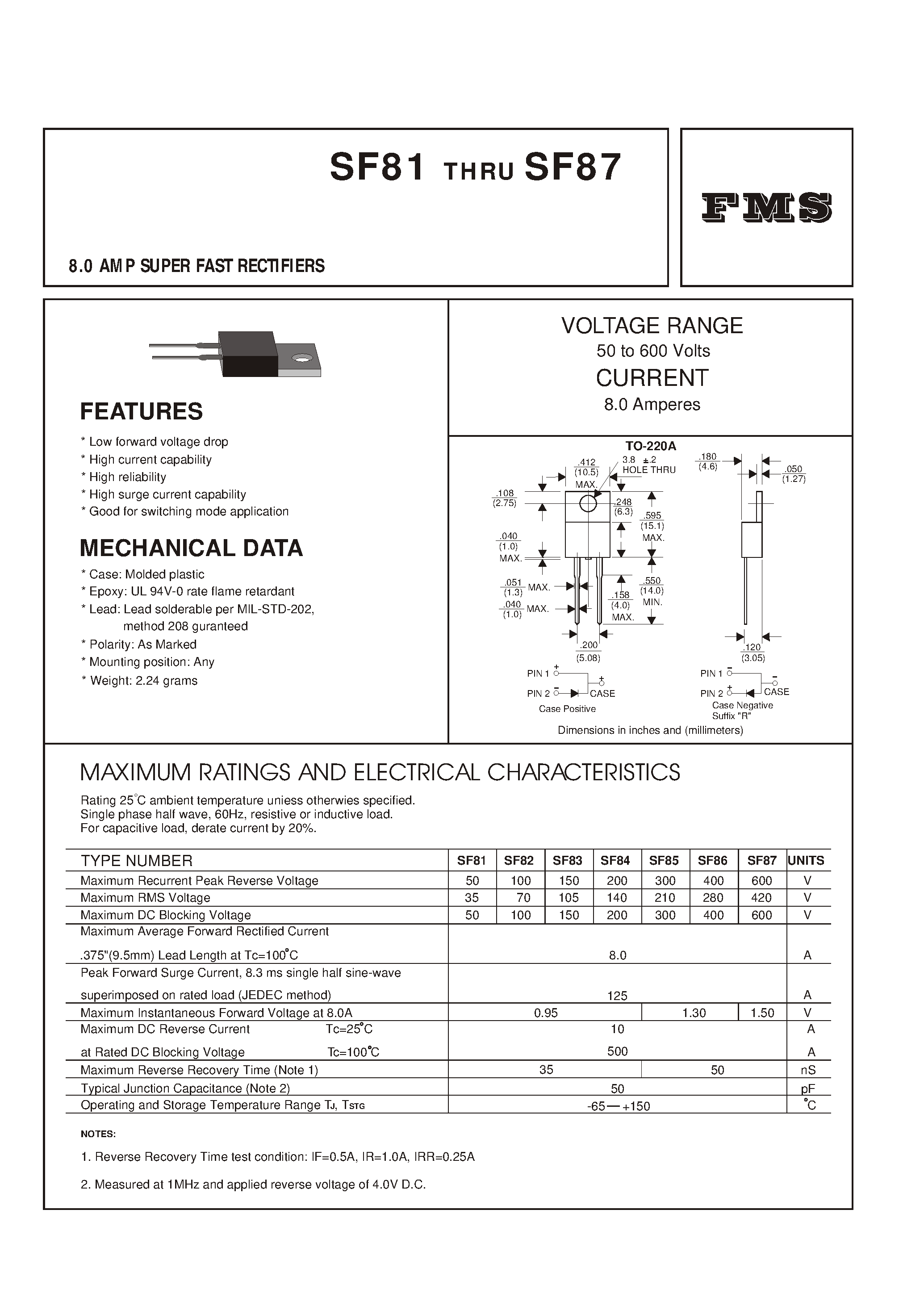 Datasheet SF84 - 8.0 AMP SUPER FAST RECTIFIERS page 1