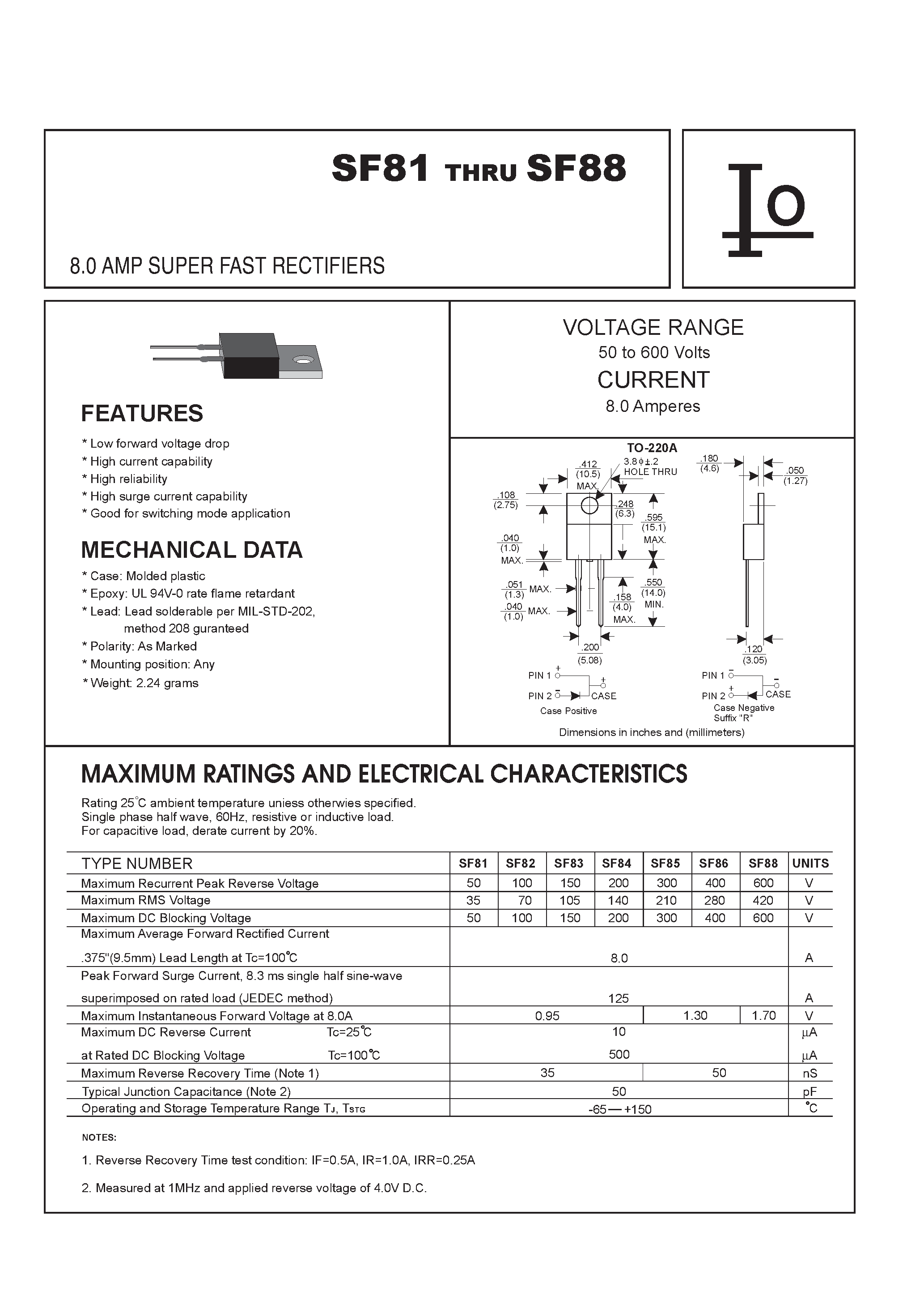 Datasheet SF86 page 1 Datasheet SF86 - 8.0 AMP SUPER FAST RECTIFIERS page 1