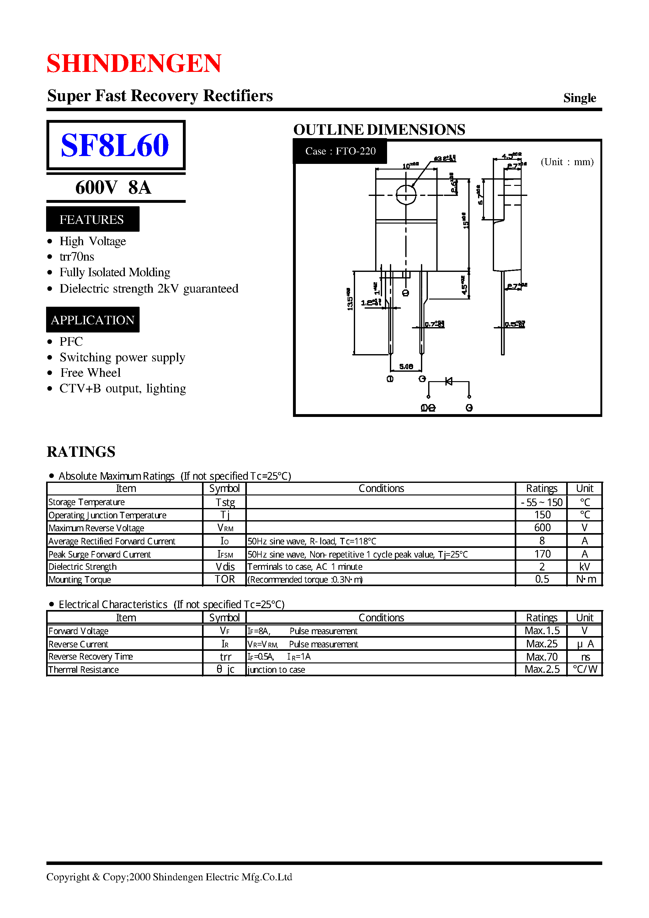 Datasheet SF8L60 page 1 Datasheet SF8L60 - Super Fast Recovery Rectifiers(600V 8A) page 1