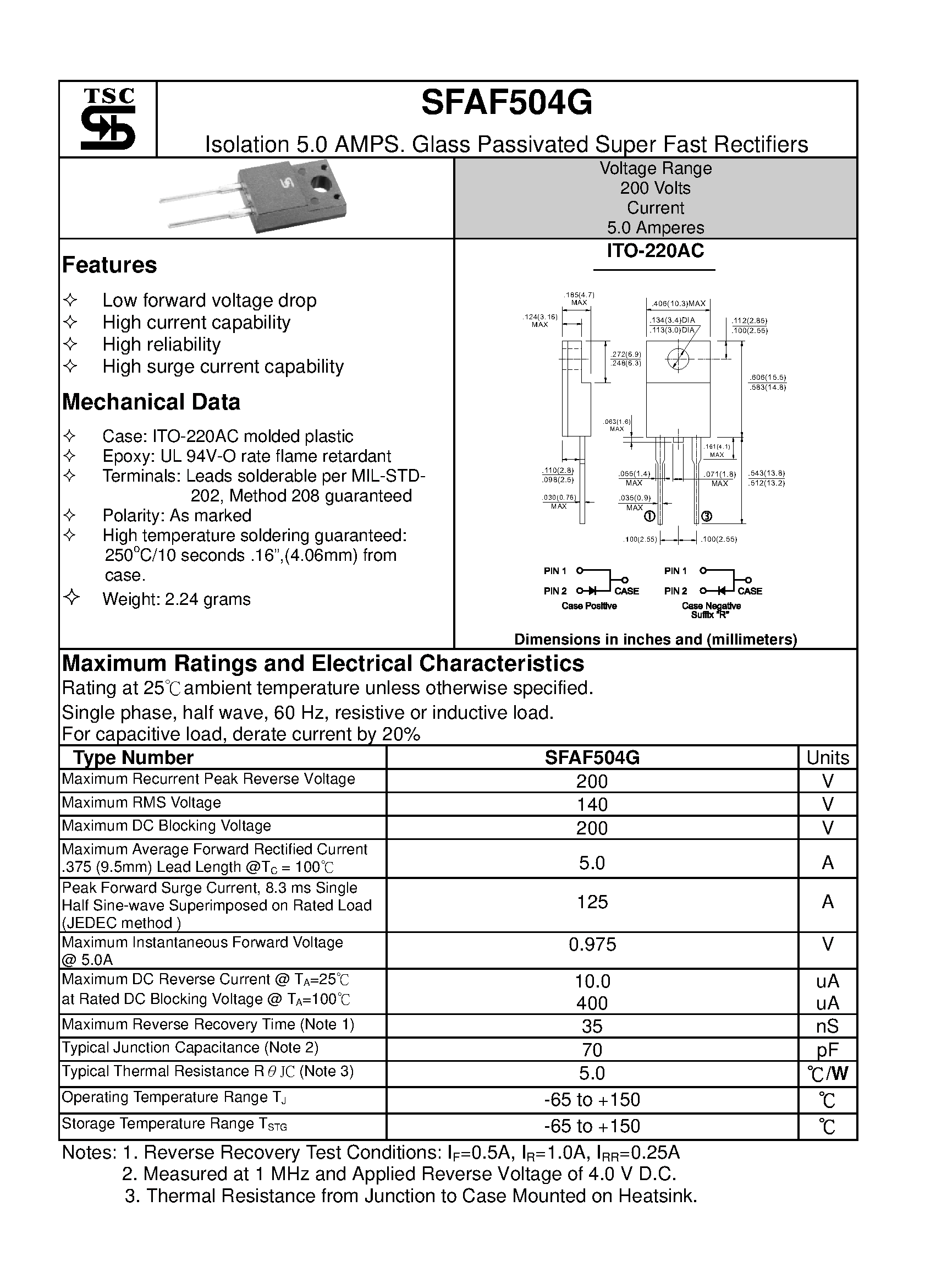 Datasheet SFAF504G page 1 Datasheet SFAF504G - Isolation 5.0 AMPS. Glass Passivated Super Fast Rectifiers page 1