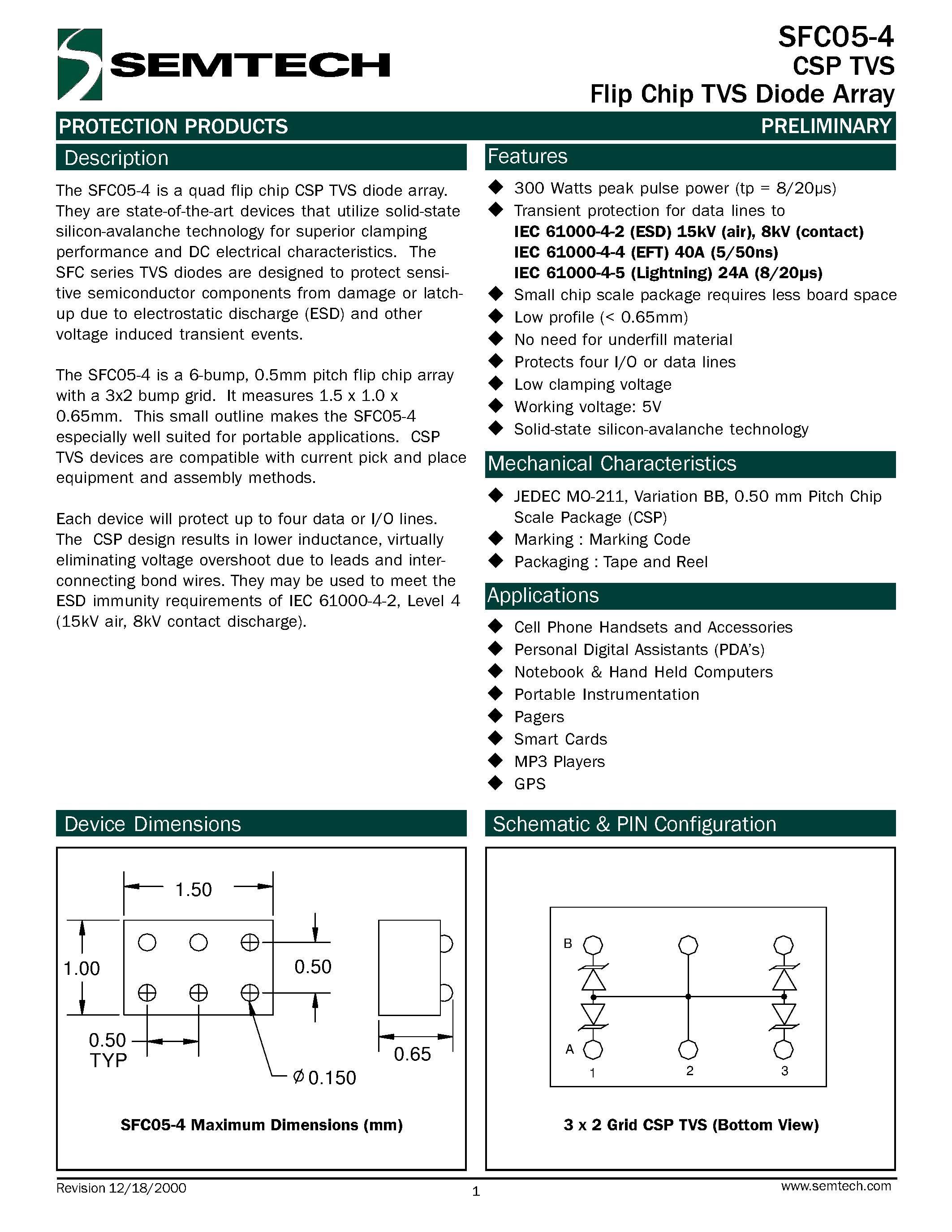 Datasheet SFC05-4 - CSP TVS Flip Chip TVS Diode Array page 1