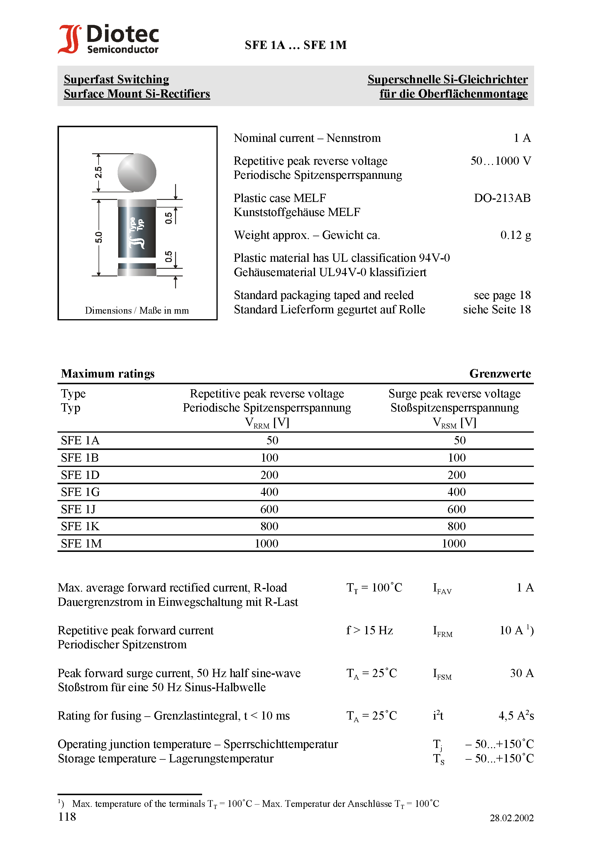 Datasheet SFE1A page 1 Datasheet SFE1A - Superfast Switching Surface Mount Si-Rectifiers page 1