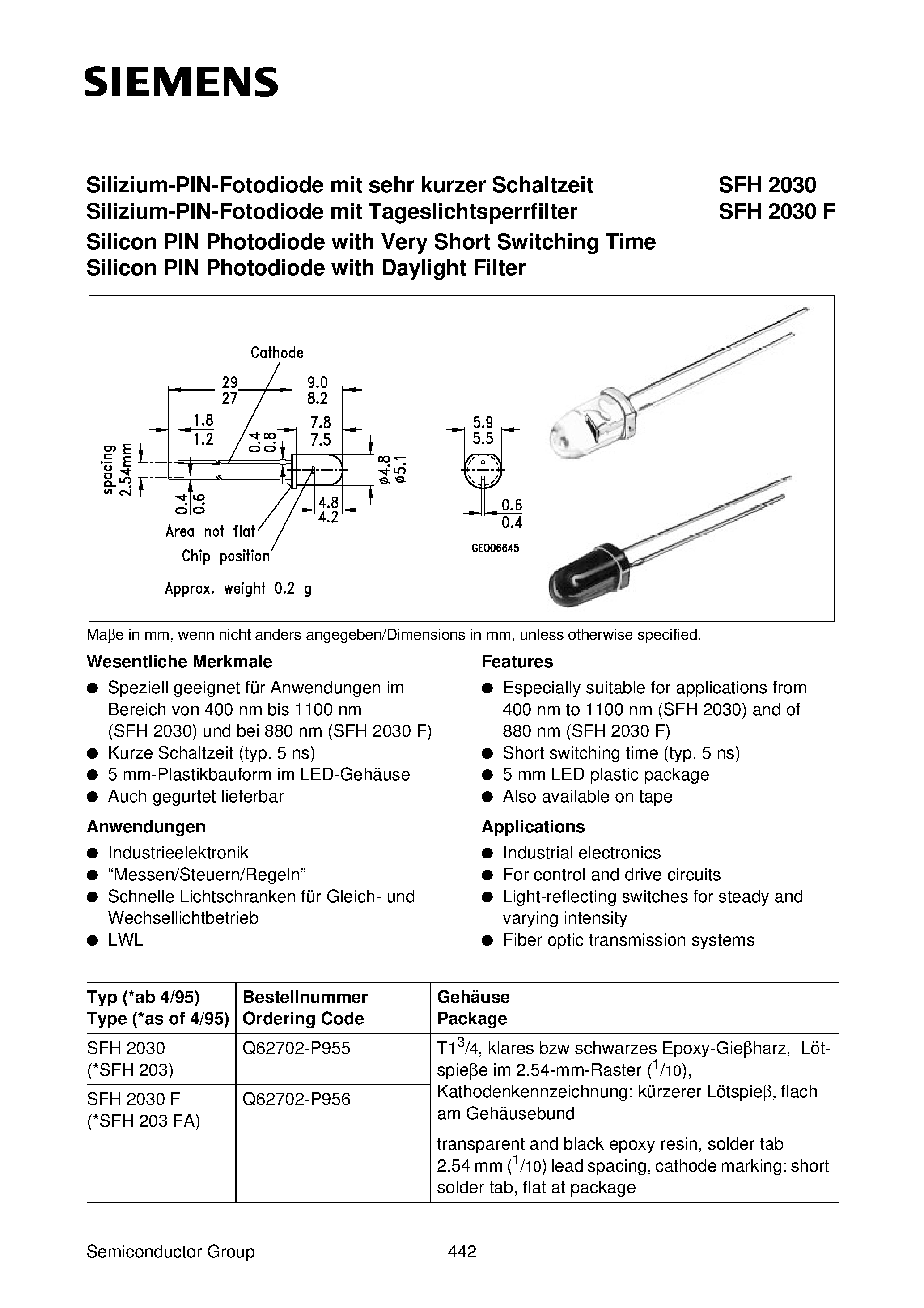 Datasheet SFH2030 - Silizium-PIN-Fotodiode mit sehr kurzer Schaltzeit Silicon PIN Photodiode with Very Short Switching Time page 1