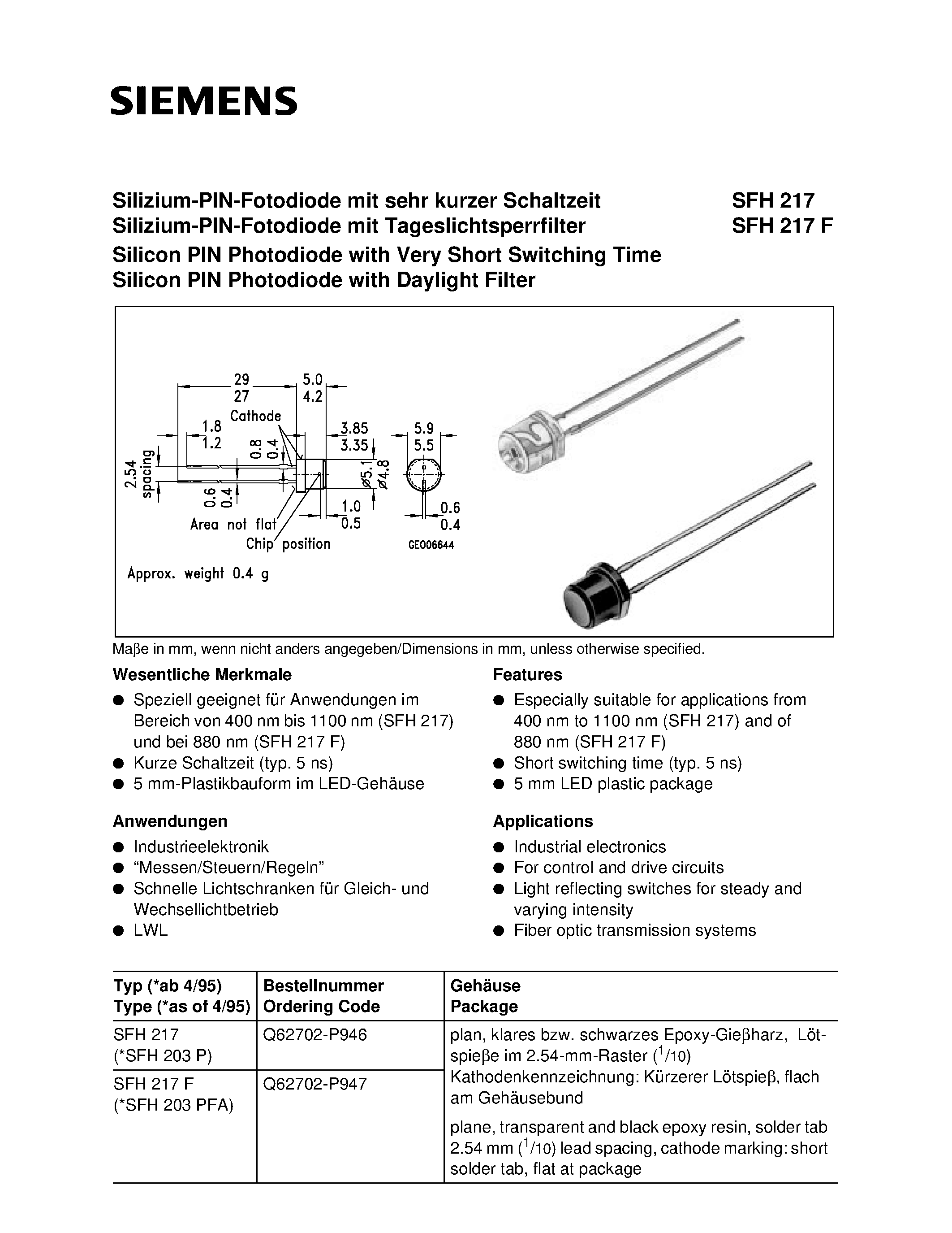 Datasheet SFH203P page 1 Datasheet SFH203P - Silizium-PIN-Fotodiode mit sehr kurzer Schaltzeit Silicon PIN Photodiode with Very Short Switching Time page 1