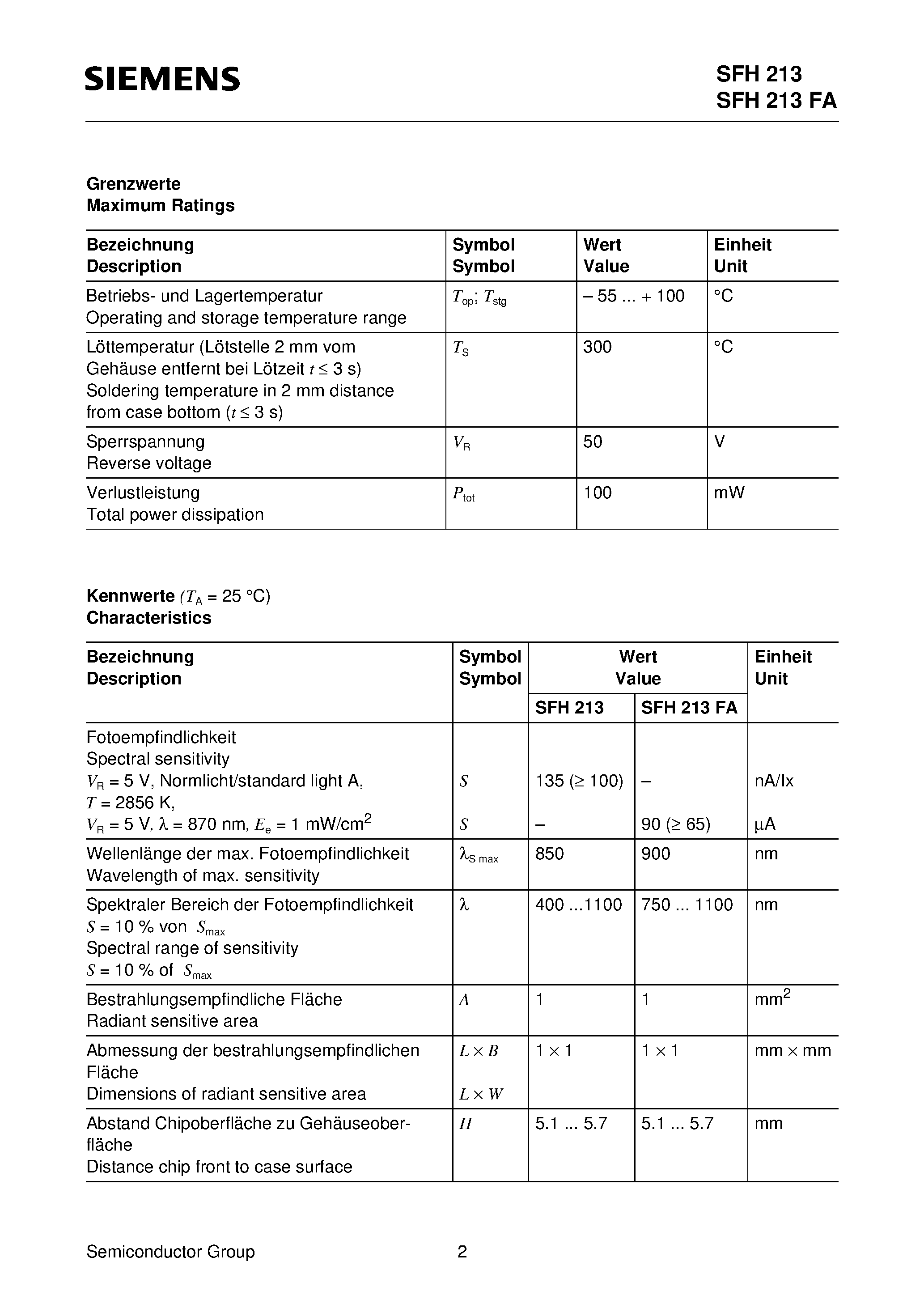 Datasheet SFH213 page 2 Datasheet SFH213 - Neu: Silizium-PIN-Fotodiode mit sehr kurzer Schaltzeit New: Silicon PIN Photodiode with Very Short Switching Time page 2