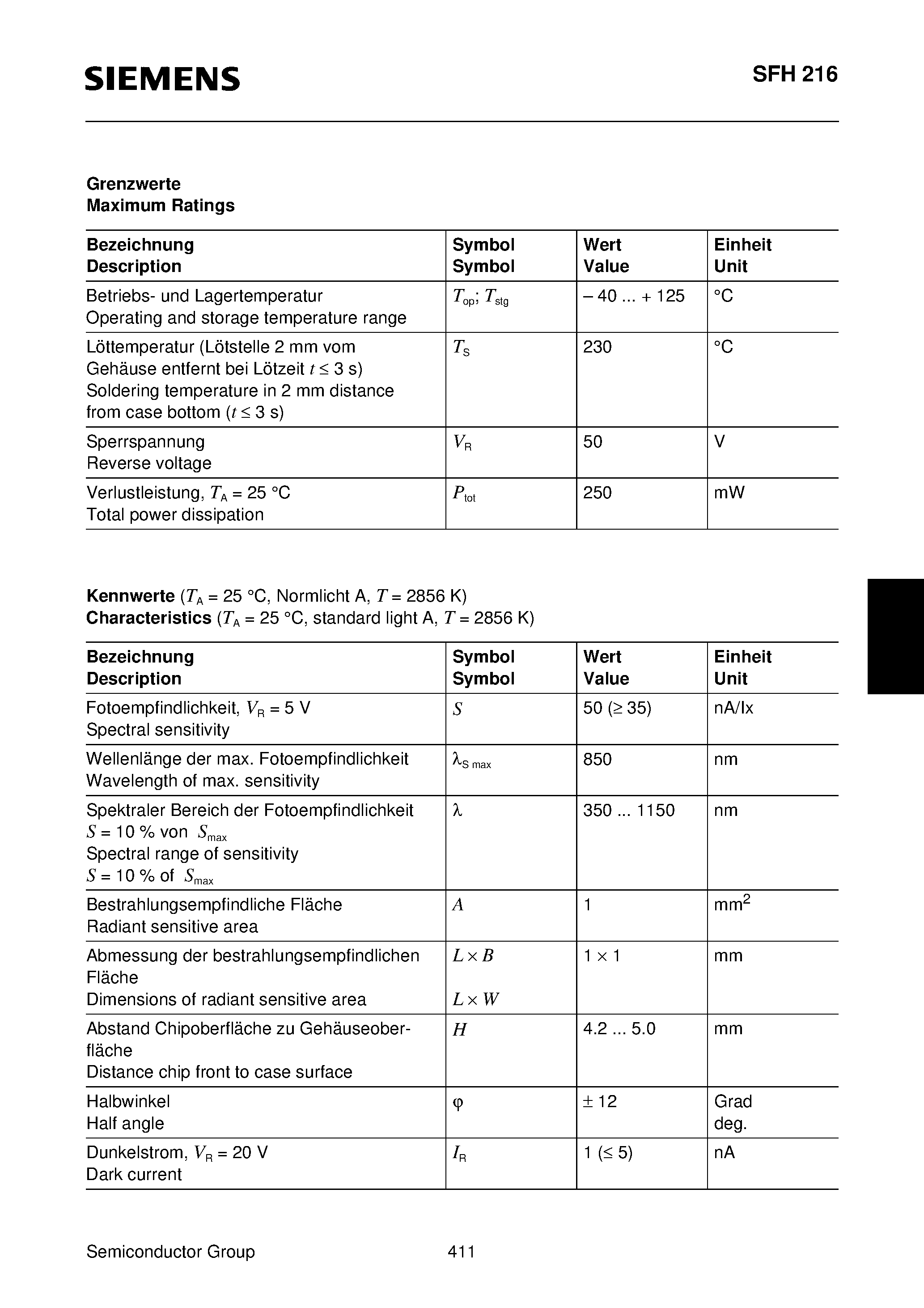 Datasheet SFH216 page 2 Datasheet SFH216 - Silizium-PIN-Fotodiode mit sehr kurzer Schaltzeit Silicon PIN Photodiode with Very Short Switching Time page 2