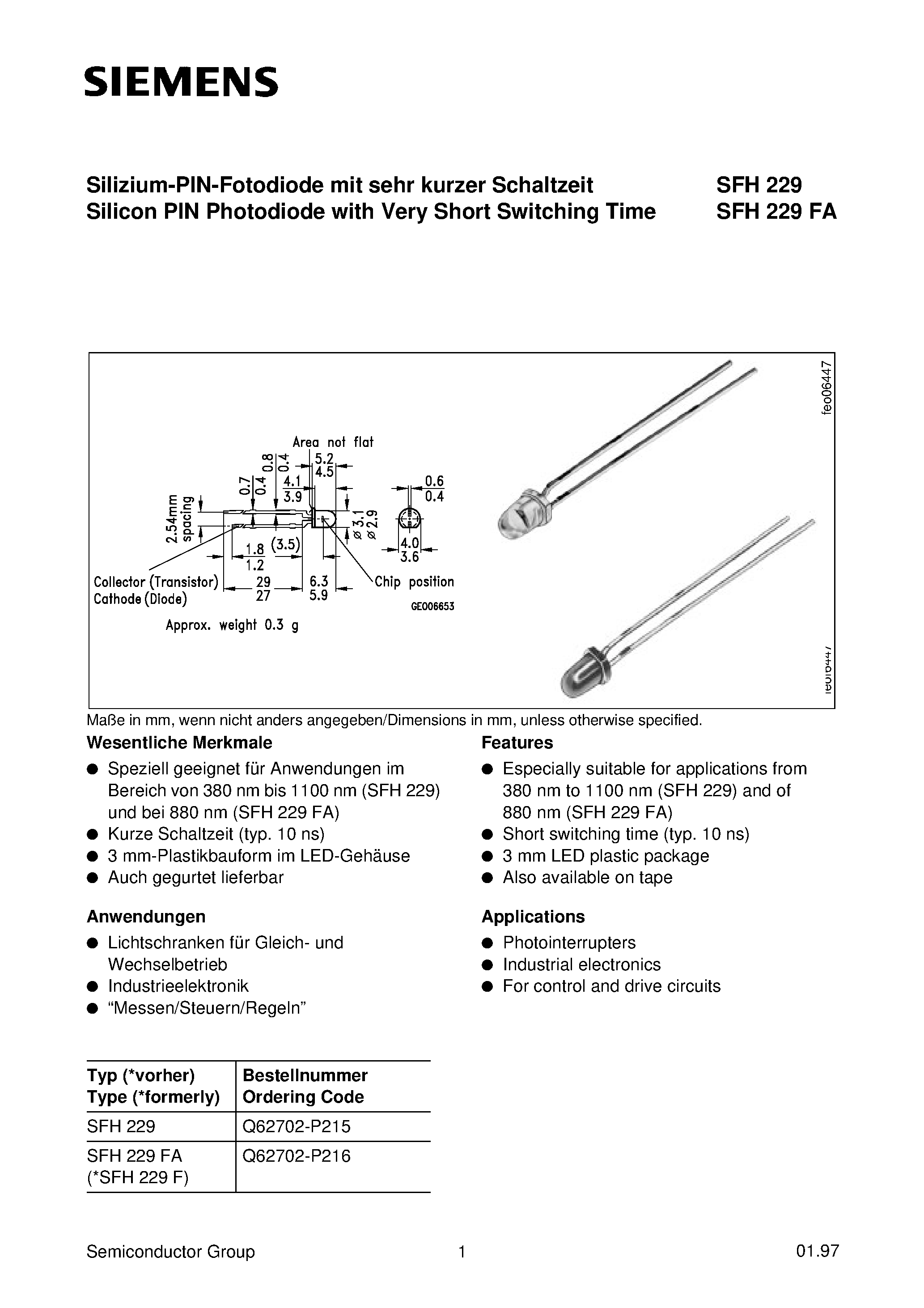 Datasheet SFH229 - Silizium-PIN-Fotodiode mit sehr kurzer Schaltzeit Silicon PIN Photodiode with Very Short Switching Time page 1