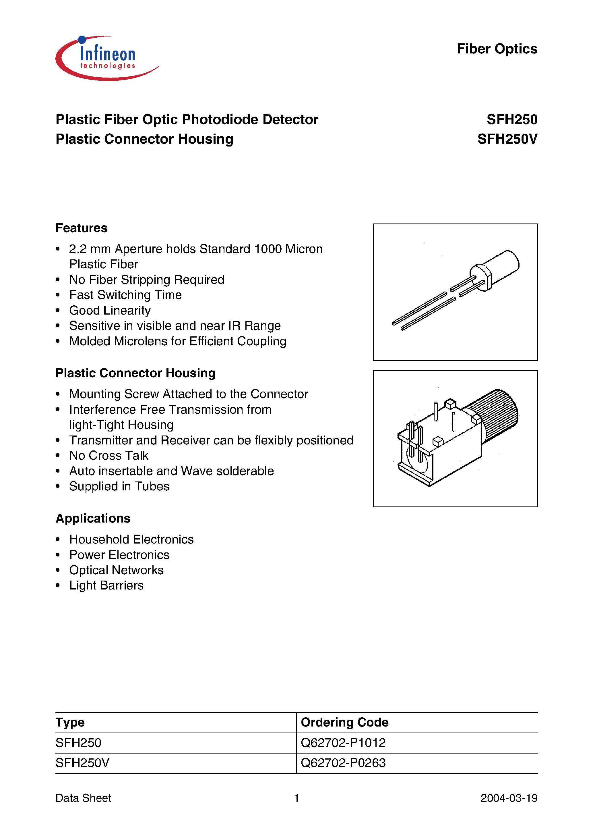 Даташит на микросхему SFH250V страница 1 Даташит SFH250V - Plastic Fiber Optic Photodiode Detector Plastic Connector Housing страница 1