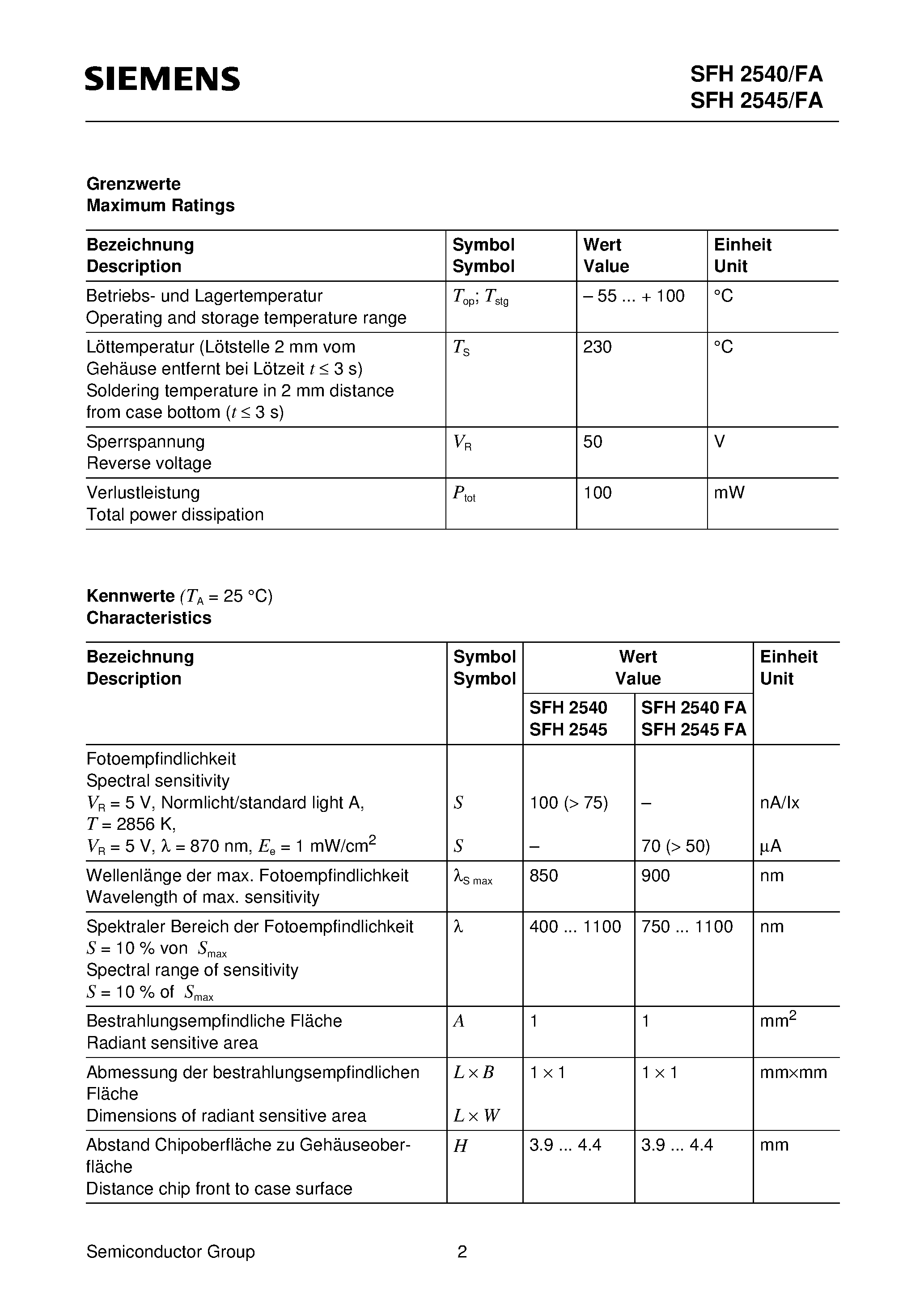 Datasheet SFH2540FA page 2 Datasheet SFH2540FA - Silizium-PIN-Fotodiode mit sehr kurzer Schaltzeit Silicon PIN Photodiode with Very Short Switching Time page 2