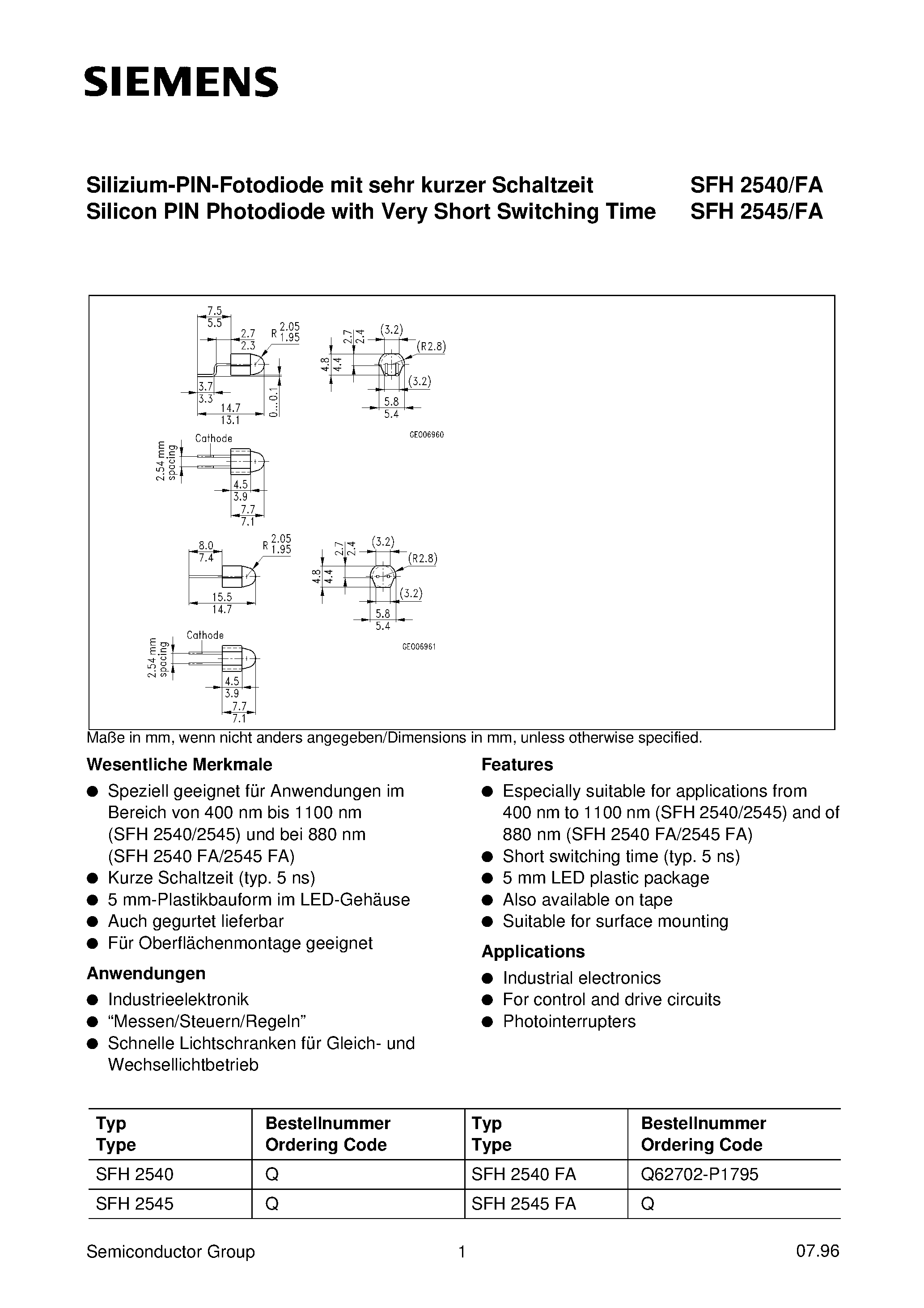 Datasheet SFH2545 page 1 Datasheet SFH2545 - Silizium-PIN-Fotodiode mit sehr kurzer Schaltzeit Silicon PIN Photodiode with Very Short Switching Time page 1