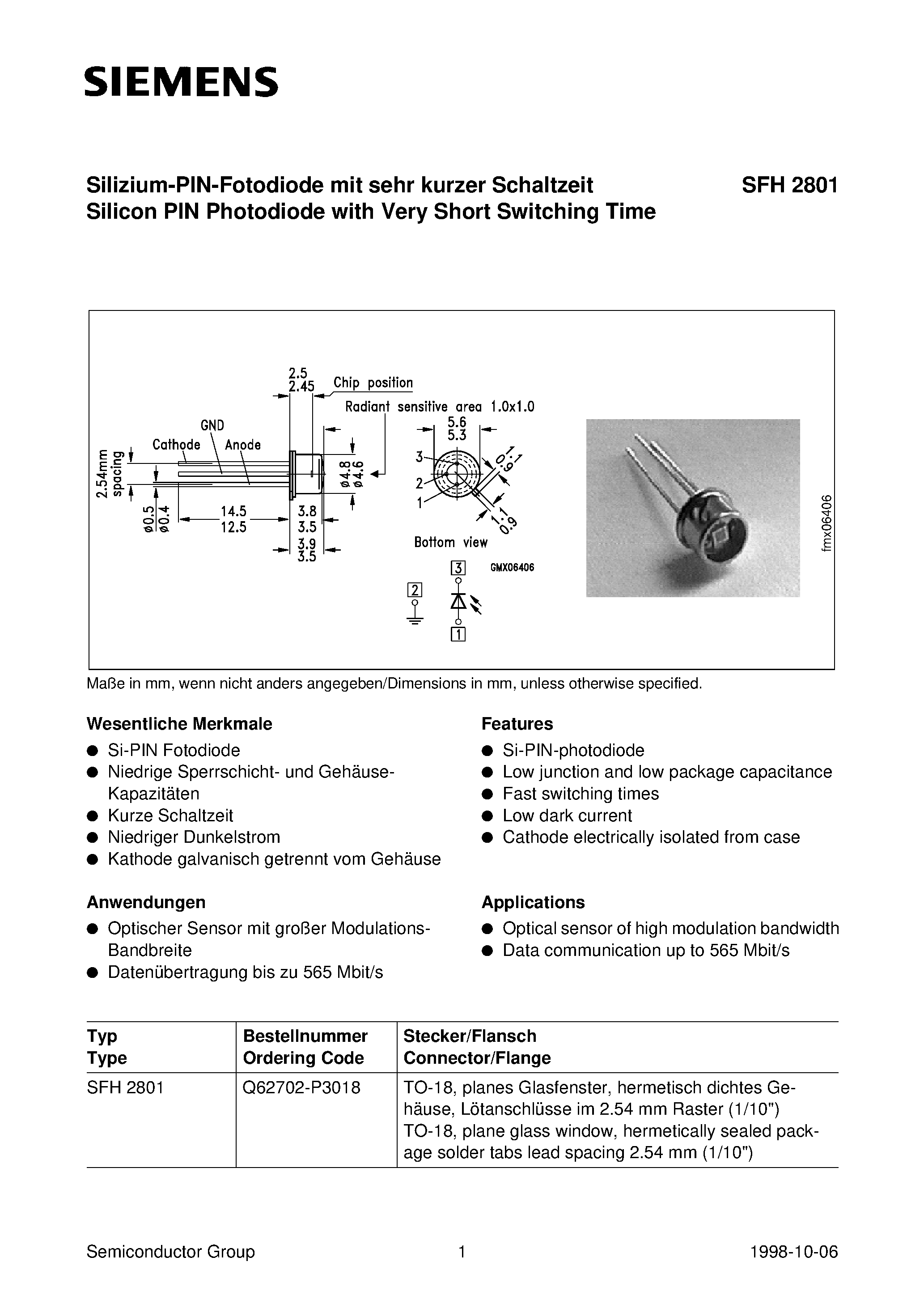 Datasheet SFH2801 page 1 Datasheet SFH2801 - Silizium-PIN-Fotodiode mit sehr kurzer Schaltzeit Silicon PIN Photodiode with Very Short Switching Time page 1