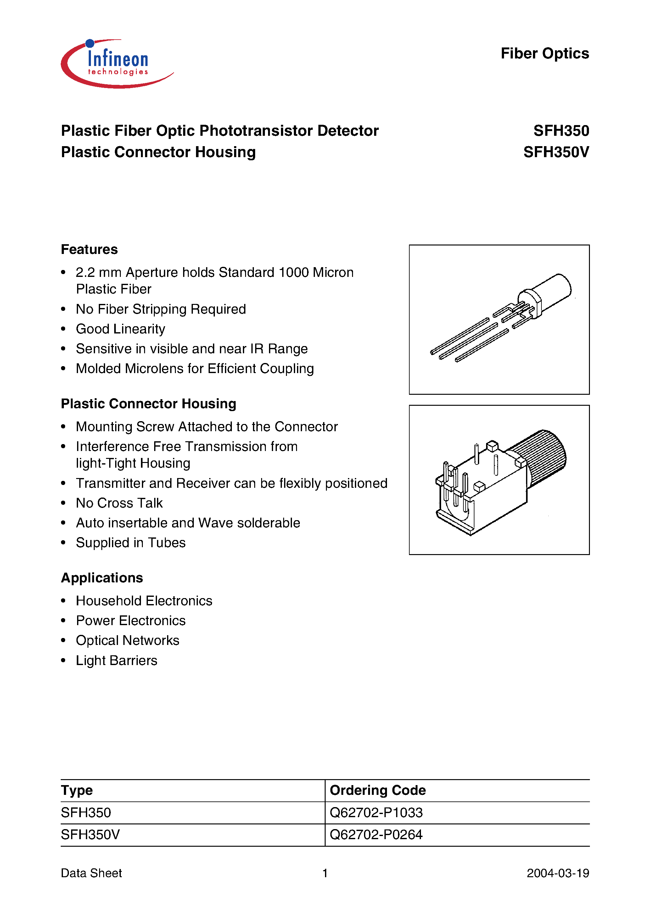 Даташит на микросхему SFH350 страница 1 Даташит SFH350 - Plastic Fiber Optic Phototransistor Detector Plastic Connector Housing страница 1
