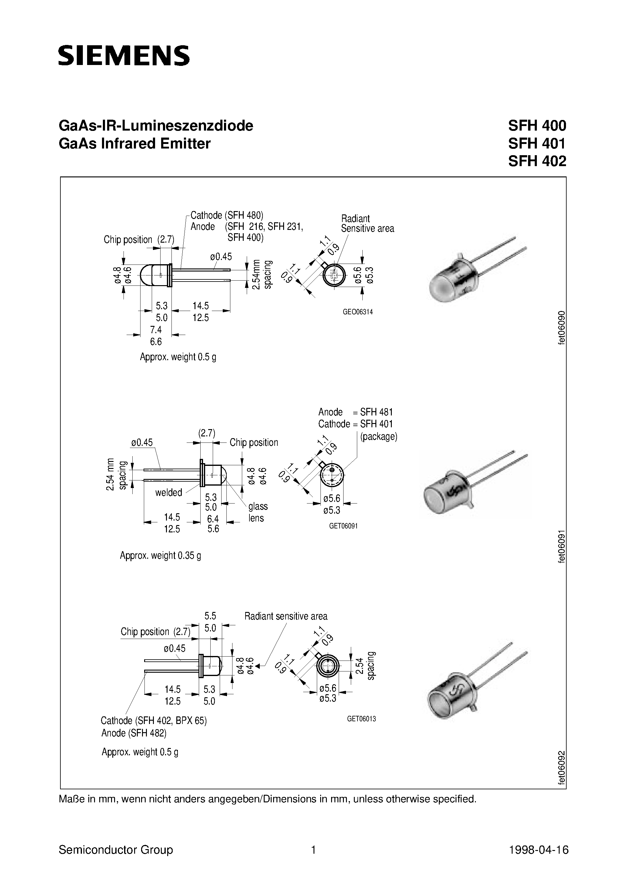 Datasheet SFH400-3 - GaAs-IR-Lumineszenzdiode GaAs Infrared Emitter page 1