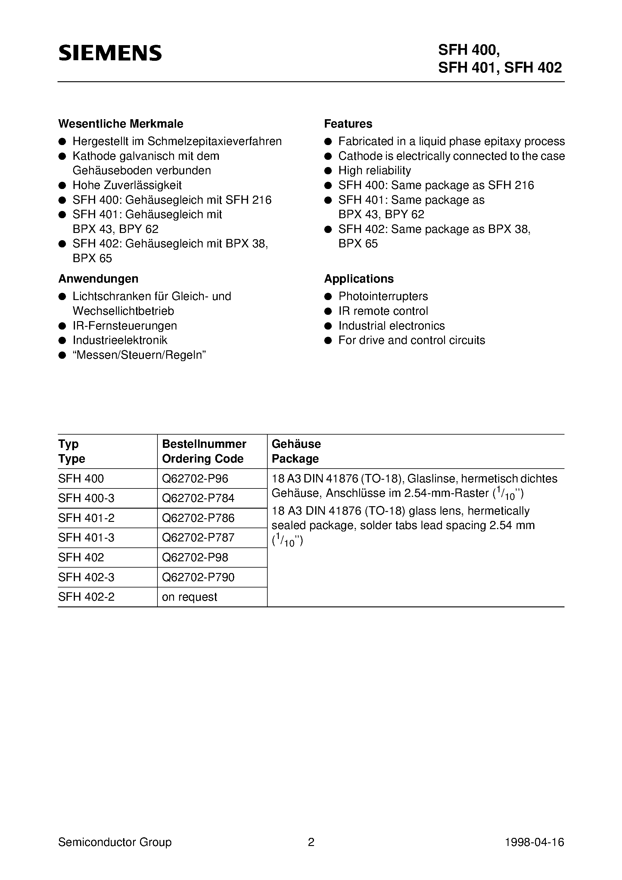 Datasheet SFH402-3 - GaAs-IR-Lumineszenzdiode GaAs Infrared Emitter page 2