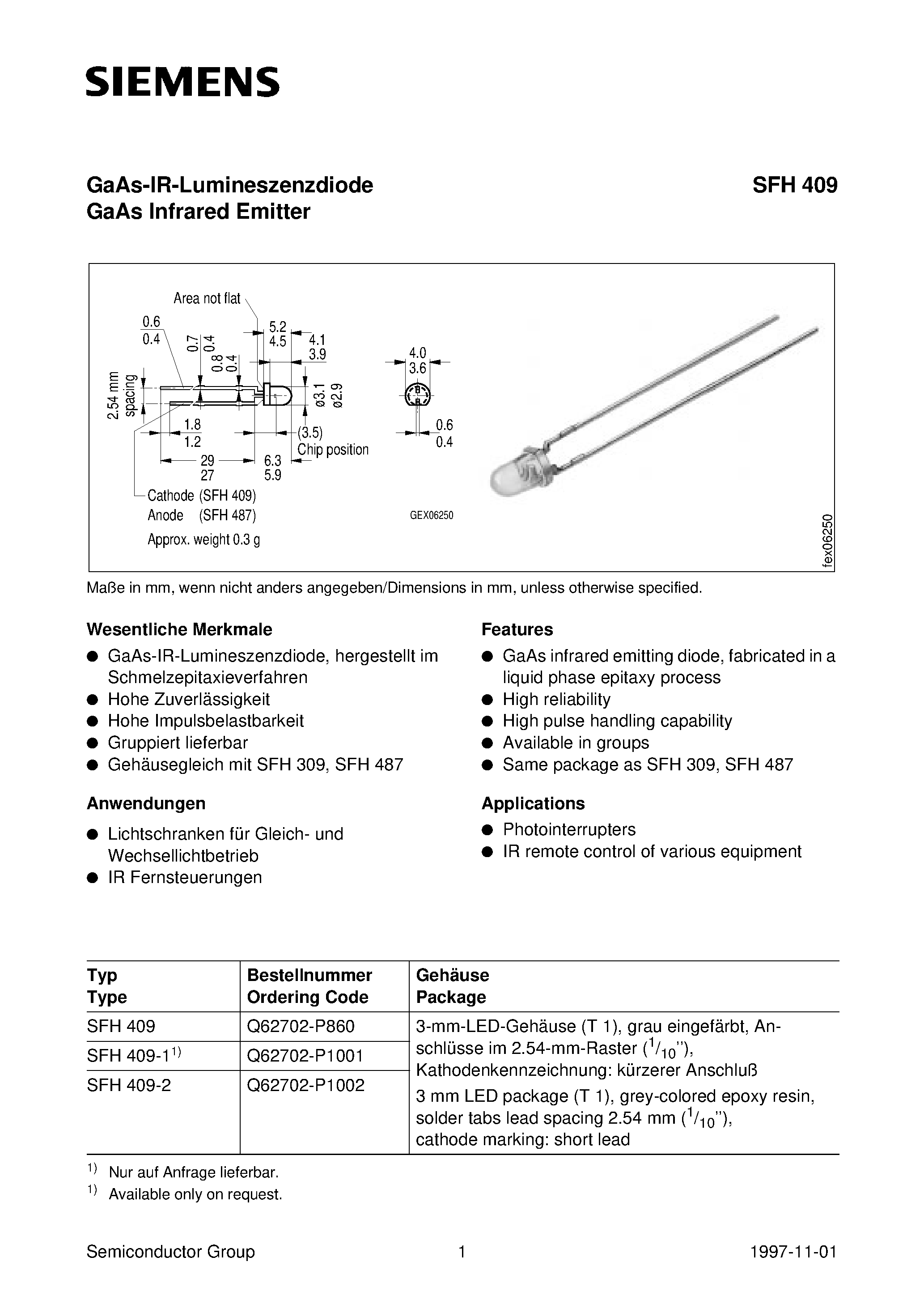 Datasheet SFH409-1 page 1 Datasheet SFH409-1 - GaAs Infrared Emitter page 1